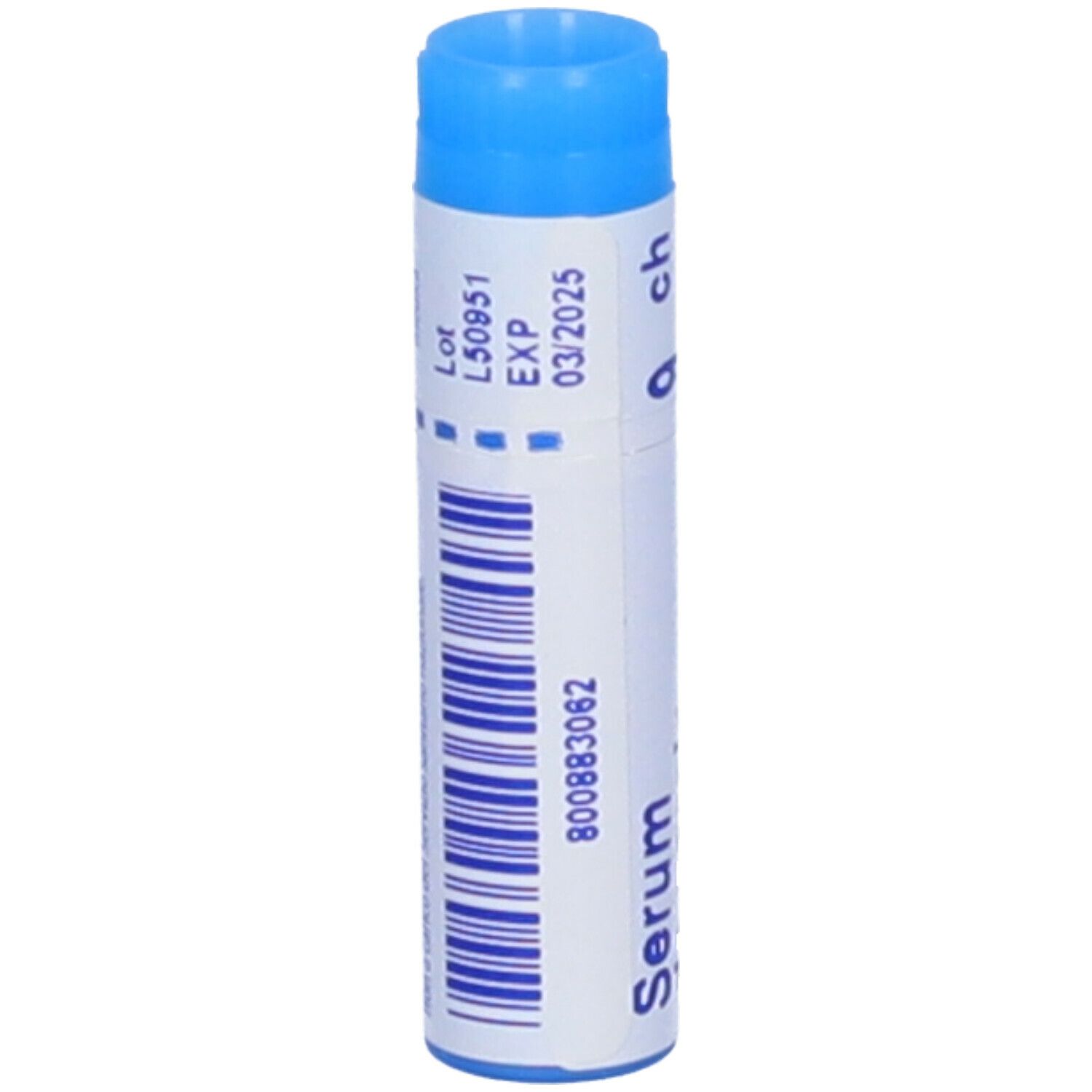Tubo blu con scritte bianche. Scritta: Serum, 800883062, EXP 03/2025, Lot L50951.