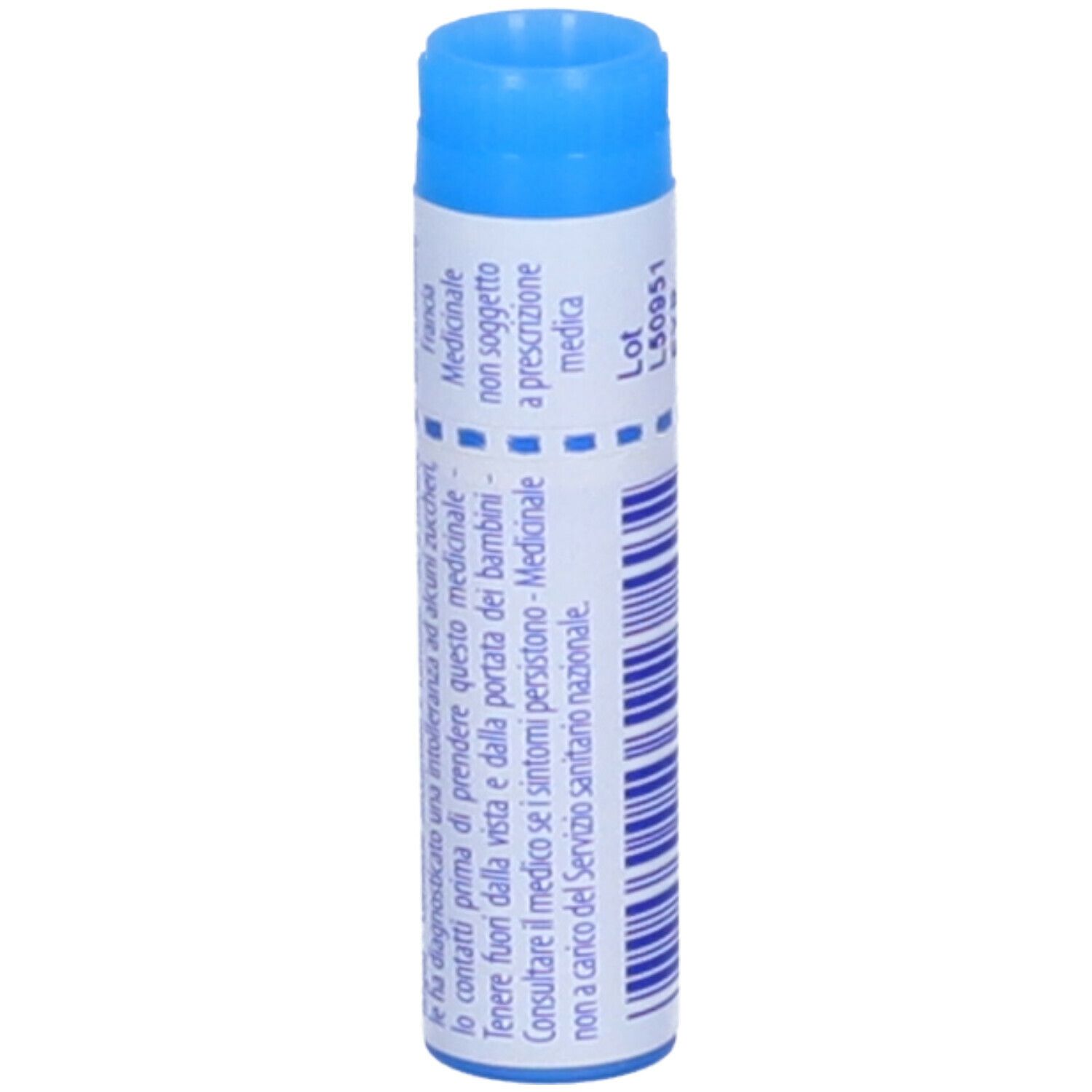Tubo blu con scritte bianche. Scritta: Medicinale, Lot L50951.