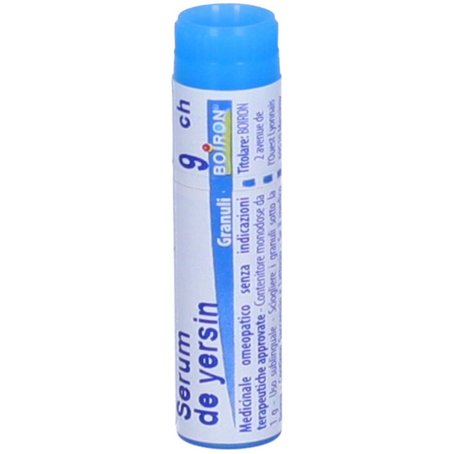 Tubo blu con scritte bianche. Scritta: 9 ch, BOIRON, Granuli, Medicinale.