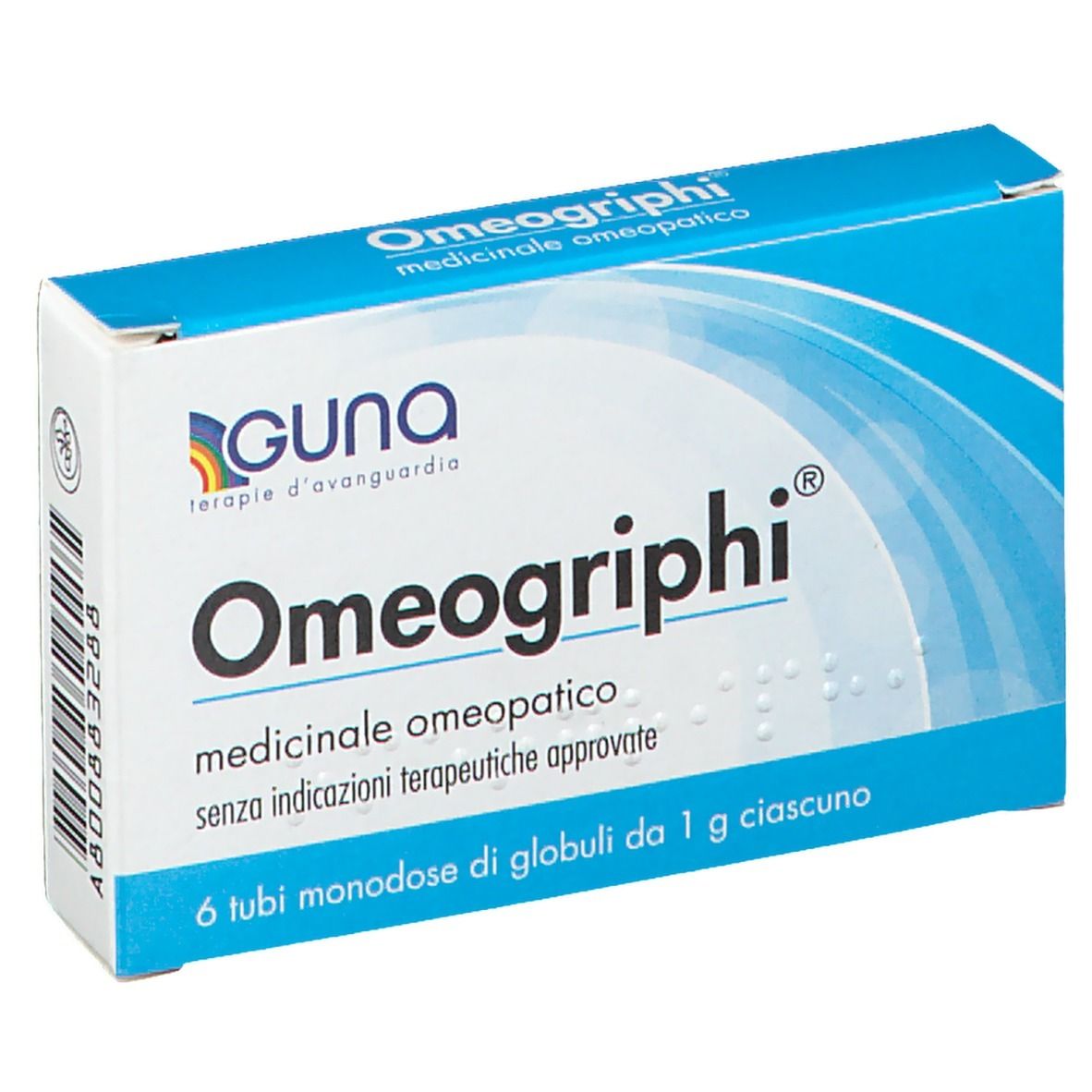 Scatola blu e bianca Omeogriphi. Logo GUNA e testo: medicinale omeopatico, 6 tubi di globuli.