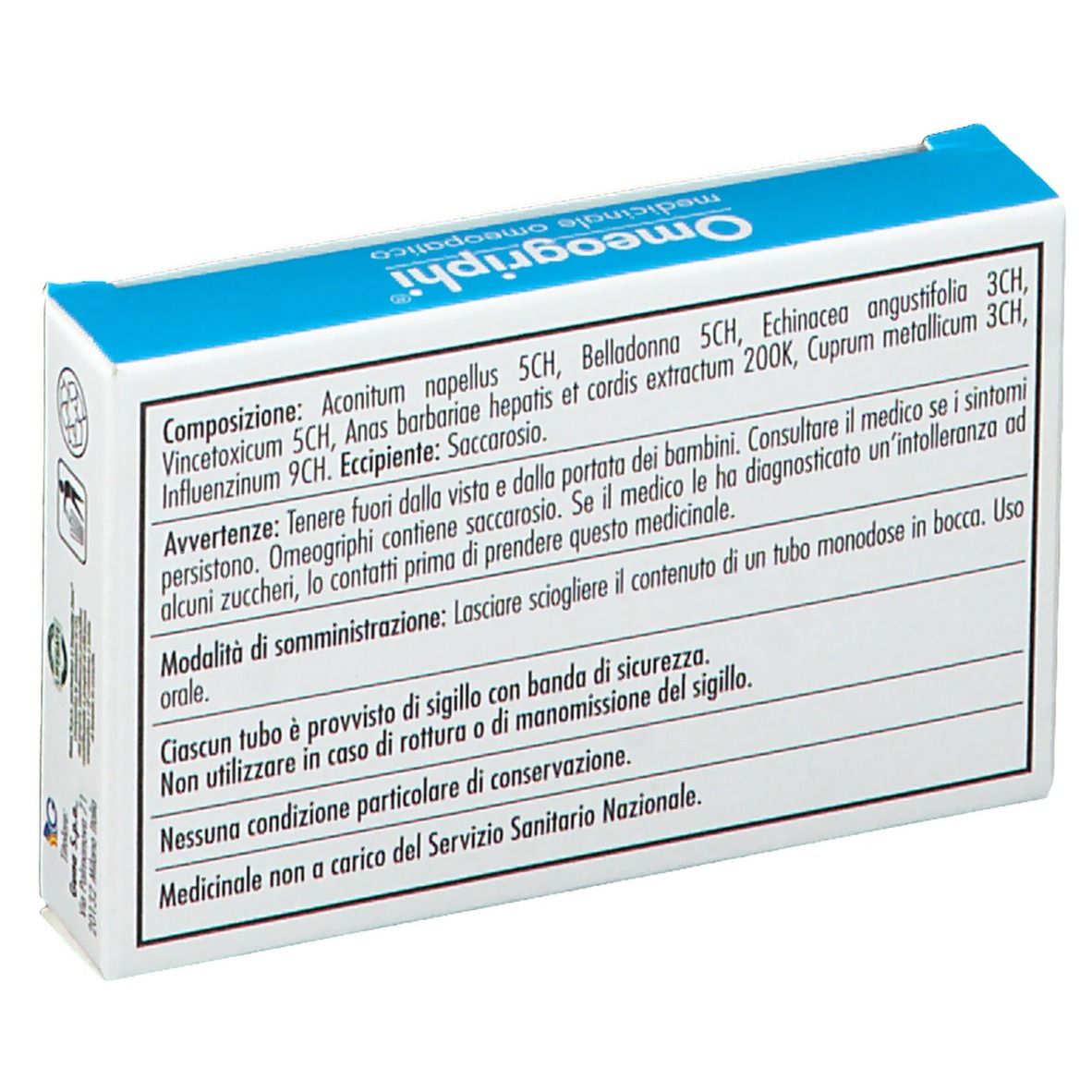 Retro della scatola Omeogriphi con testo. Contiene ingredienti, avvertenze e istruzioni.