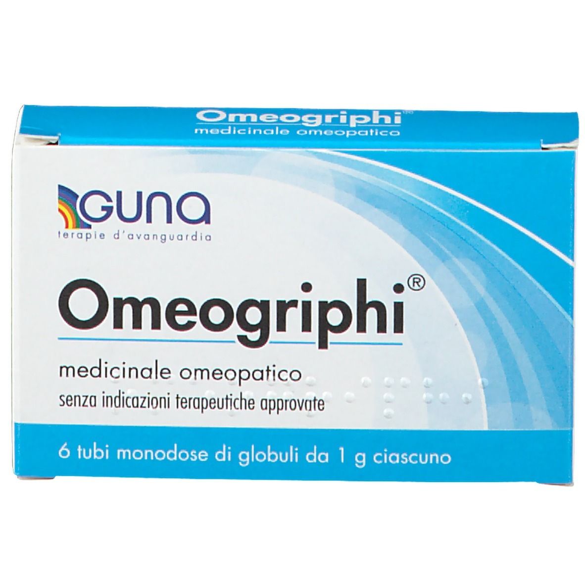 Scatola Omeogriphi, blu e bianca. Logo GUNA, nome prodotto e testo: medicinale omeopatico, 6 tubi globuli.