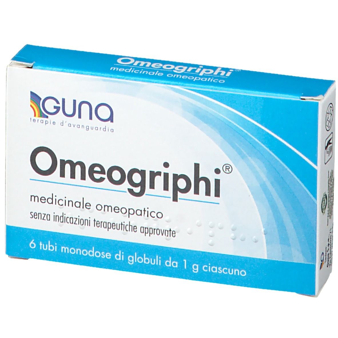 Scatola Omeogriphi, blu e bianca. Logo GUNA, nome prodotto e testo: medicinale omeopatico, 6 tubi globuli.