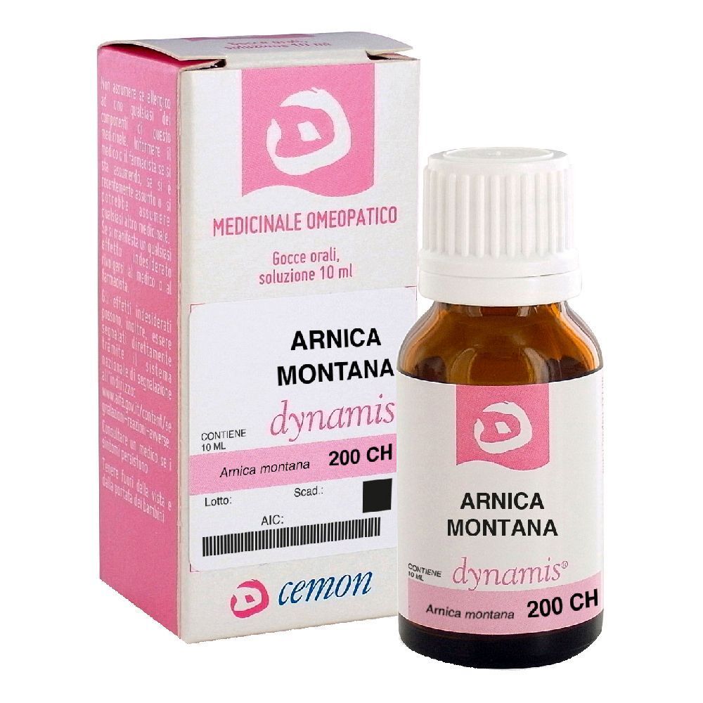 Flacone in vetro marrone con tappo bianco ed etichetta. Scritta: Arnica Montana 200 CH. Con confezione.