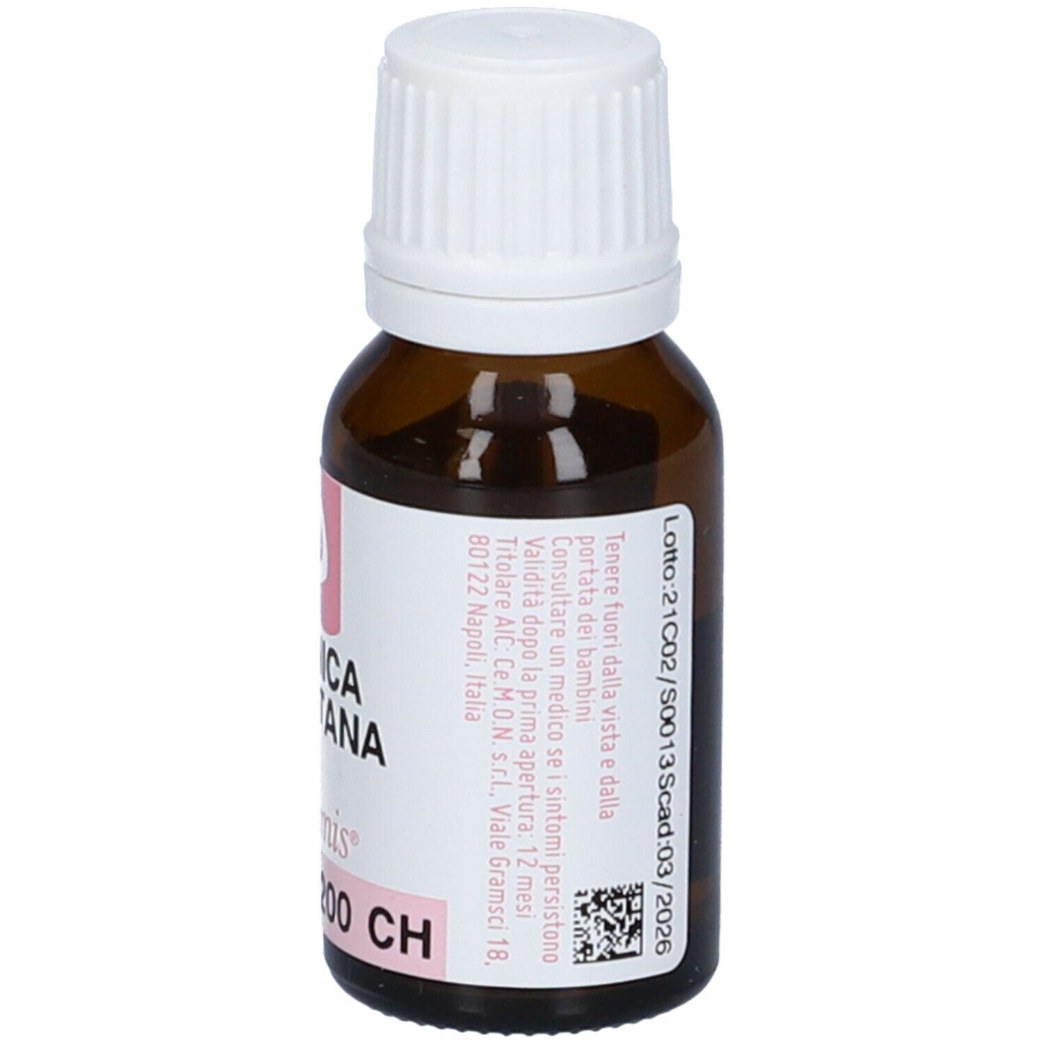 Flacone in vetro marrone con tappo bianco ed etichetta. Scritta: Arnica Montana 200 CH. Retro con testo.