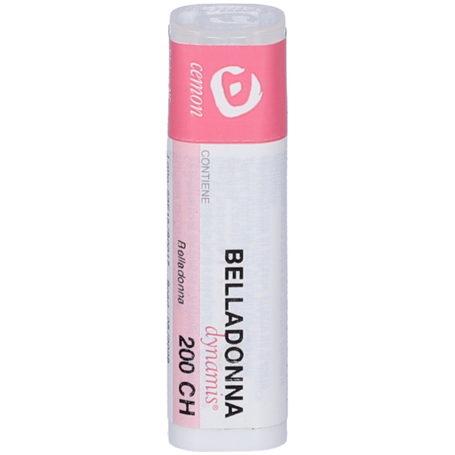 Confezione cilindrica con tappo rosa. L'etichetta riporta "BELLADONNA dynamis 200 CH".
