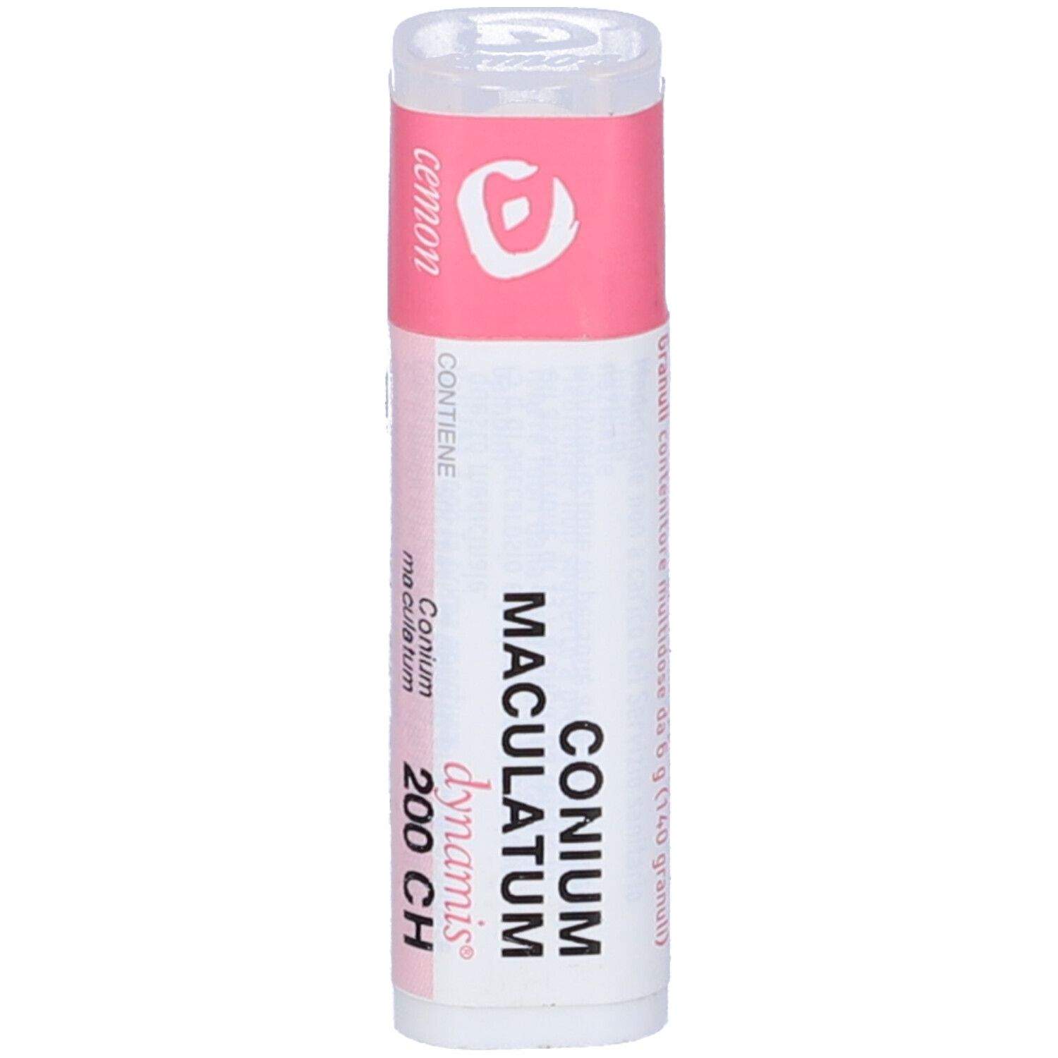 Confezione cilindrica con etichetta rosa. Scritta: Conium Maculatum 200 CH, dynamis. Prodotto in contenitore bianco.