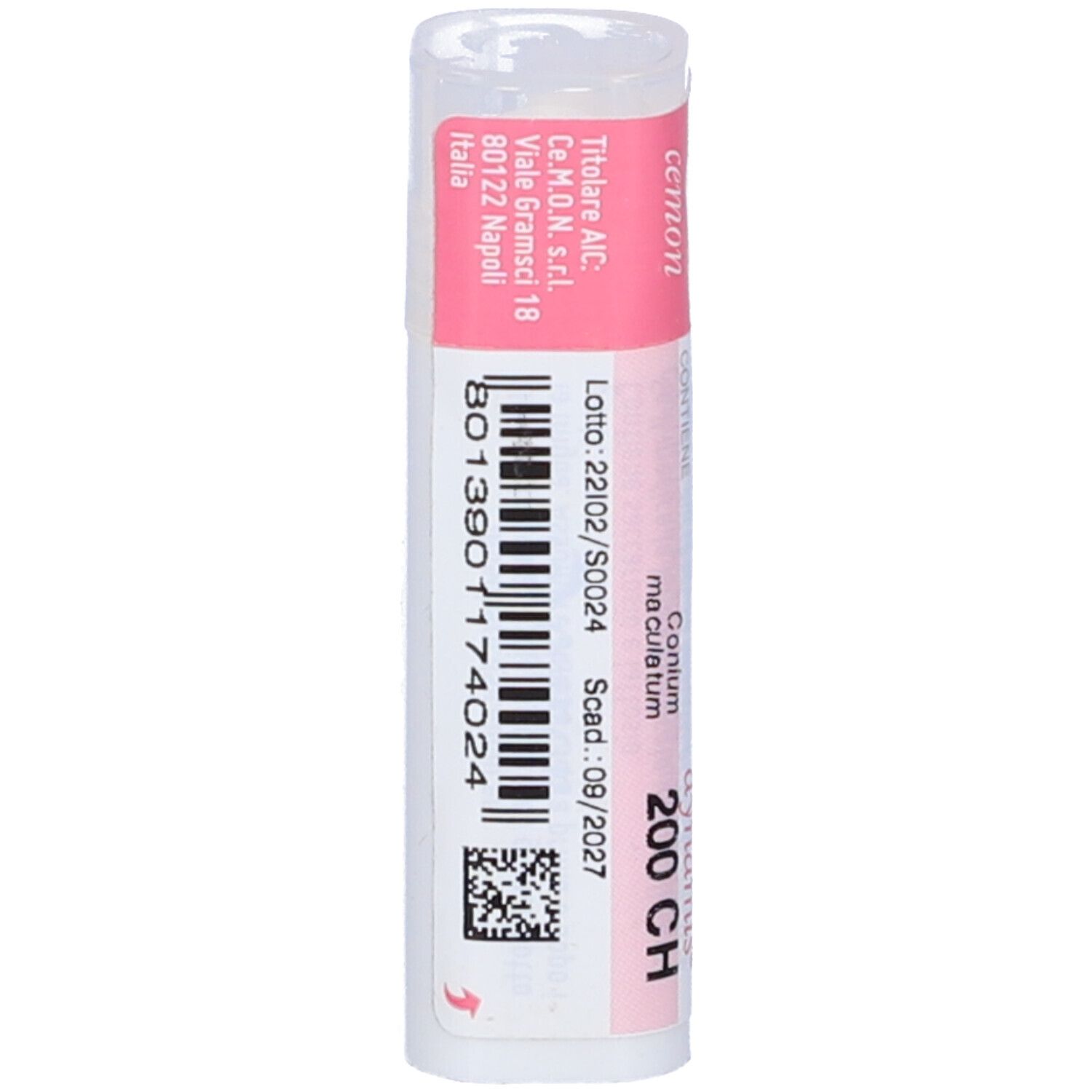 Confezione cilindrica con etichetta rosa. Scritta: Conium Maculatum 200 CH, dynamis. Codice a barre e numero di lotto.