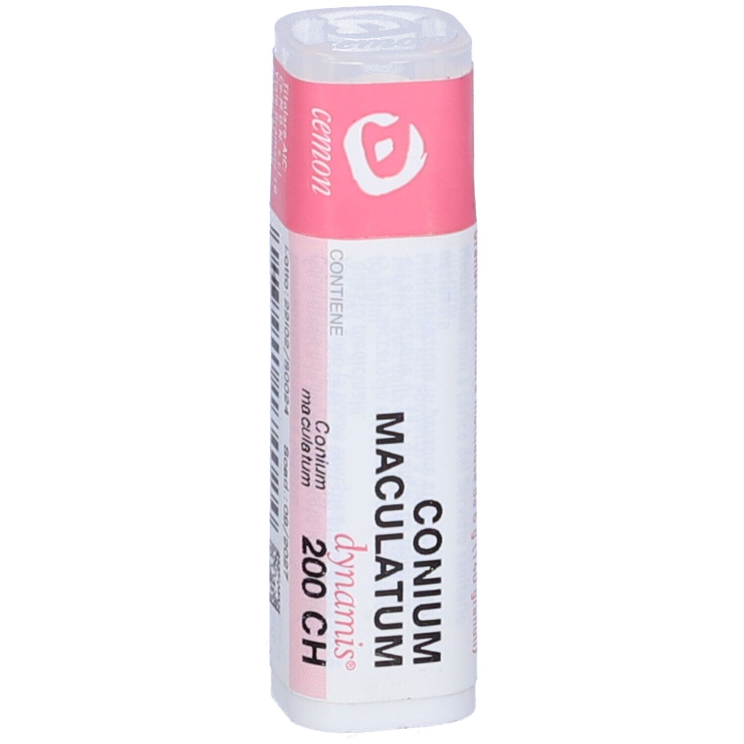 Confezione cilindrica con etichetta rosa. Scritta: Conium Maculatum 200 CH, dynamis. Prodotto in contenitore bianco.