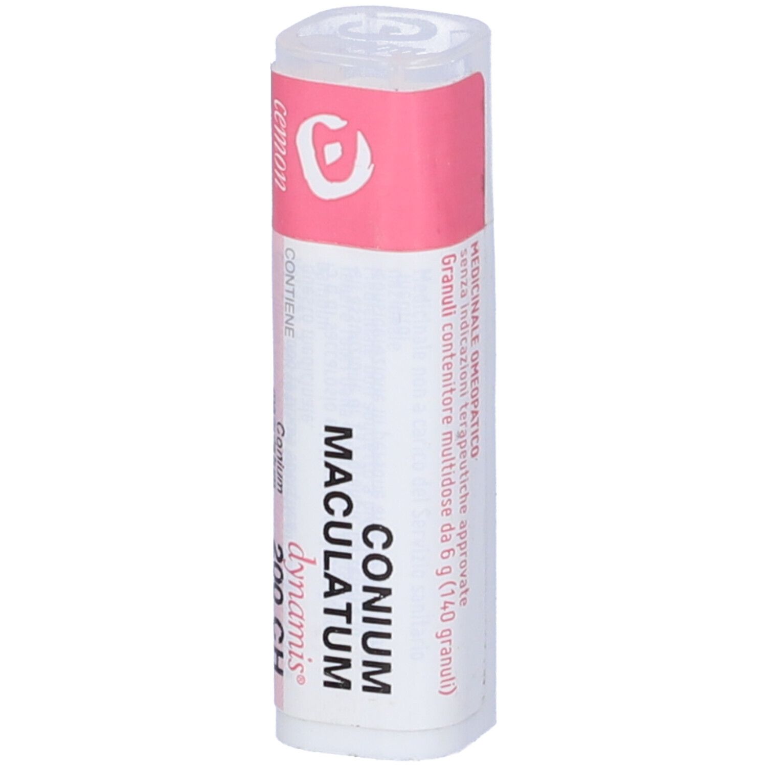 Confezione cilindrica con etichetta rosa. Scritta: Conium Maculatum 200 CH, dynamis. Prodotto in contenitore bianco.