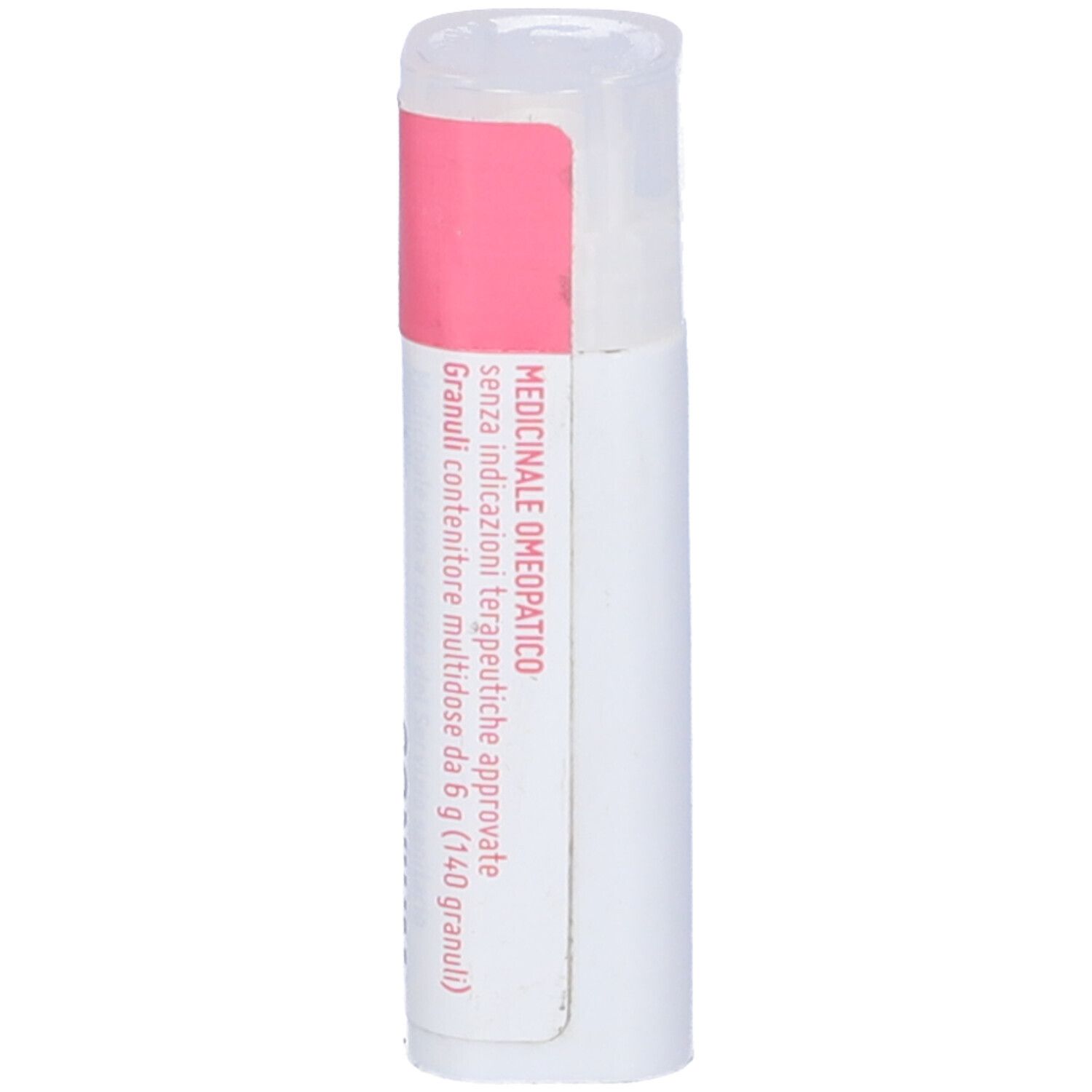 Confezione cilindrica con etichetta rosa. Scritta: Medicinale Omeopatico. Prodotto in contenitore bianco.
