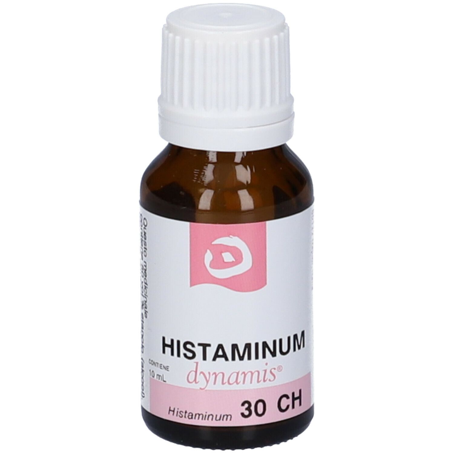 Flacone in vetro marrone con tappo a vite bianco. Scritta: Histaminum dynamis 30 CH. Etichetta rosa con logo.