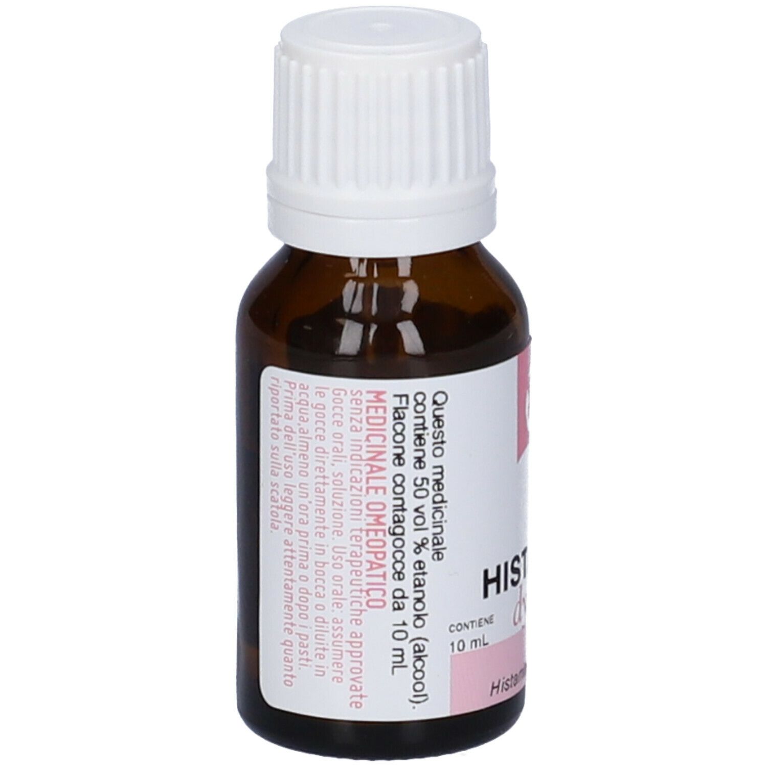 Flacone in vetro marrone con tappo a vite bianco. Scritta: Histaminum dynamis 30 CH. Etichetta rosa con logo.