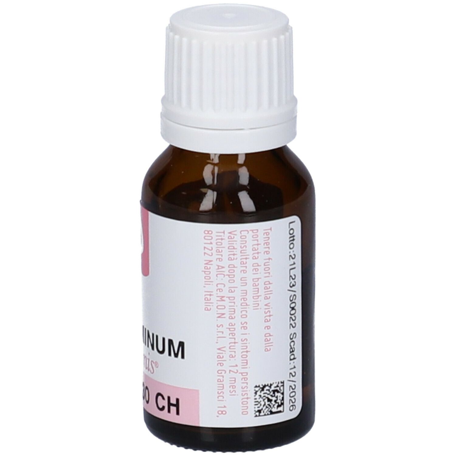 Flacone in vetro marrone con tappo a vite bianco. Scritta: Histaminum dynamis 30 CH. Etichetta rosa con logo.