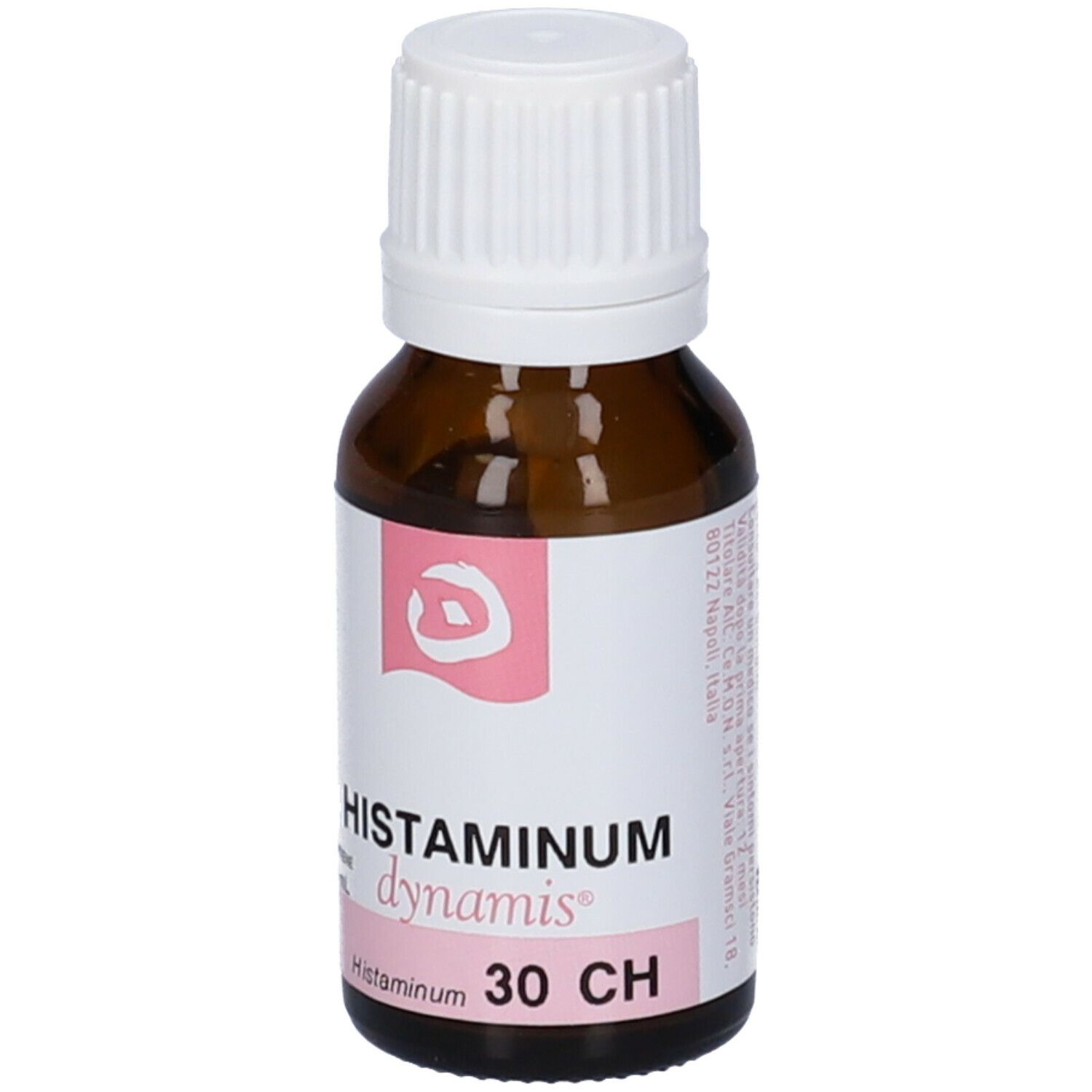 Flacone in vetro marrone con tappo a vite bianco. Scritta: Histaminum dynamis 30 CH. Etichetta rosa con logo.