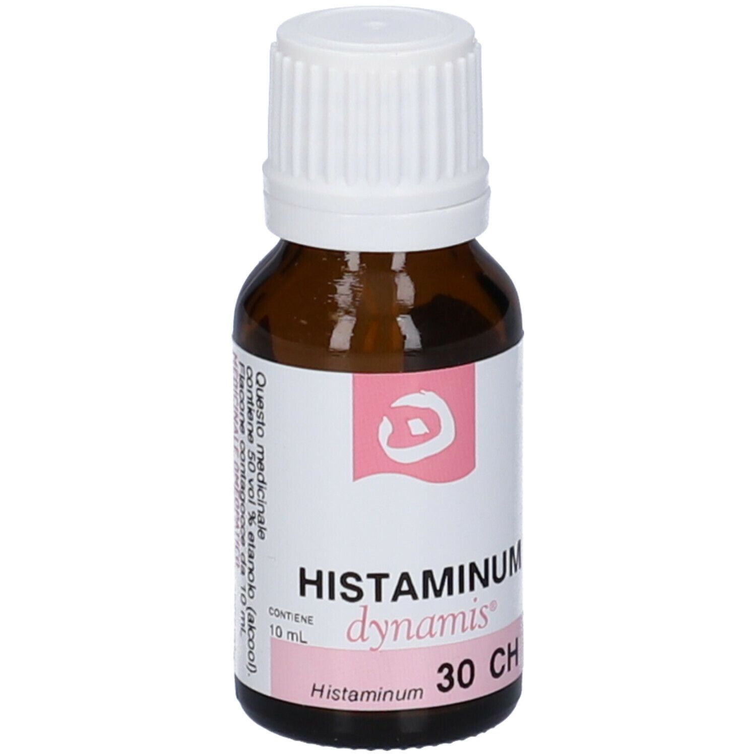 Flacone in vetro marrone con tappo a vite bianco. Scritta: Histaminum dynamis 30 CH. Etichetta rosa con logo.