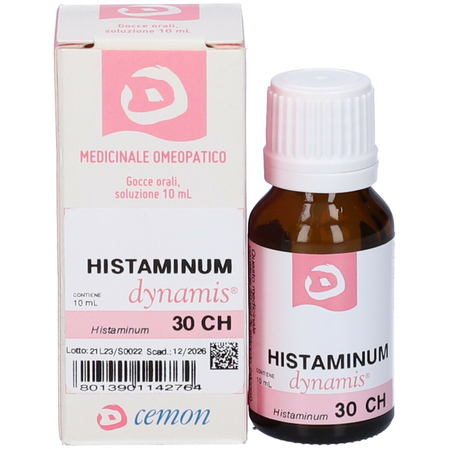 Flacone in vetro marrone e scatola. Scritta: Histaminum dynamis 30 CH. Etichetta rosa con logo. Scatola con testo.