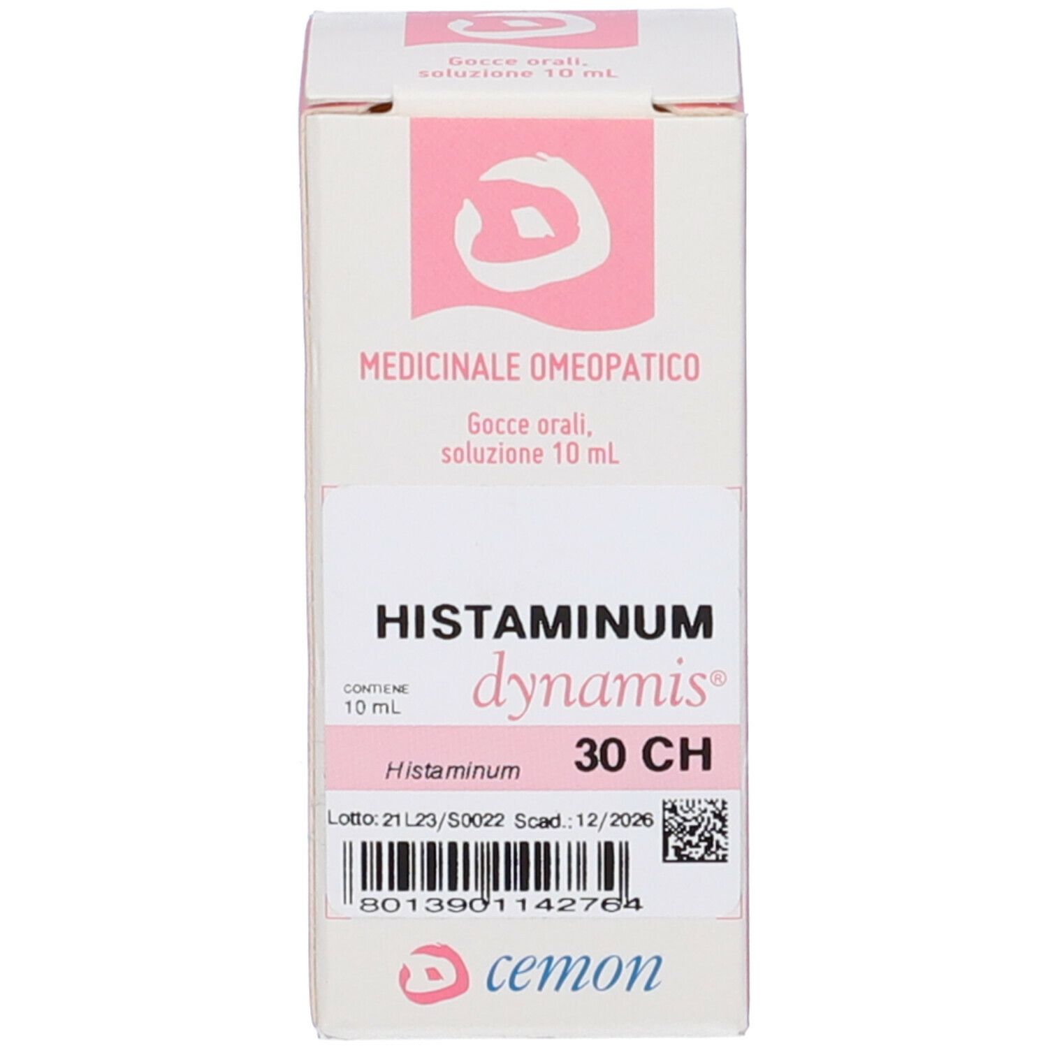 Scatola con flacone. Scritta: Histaminum dynamis 30 CH. Etichetta rosa con logo. Scatola con testo.