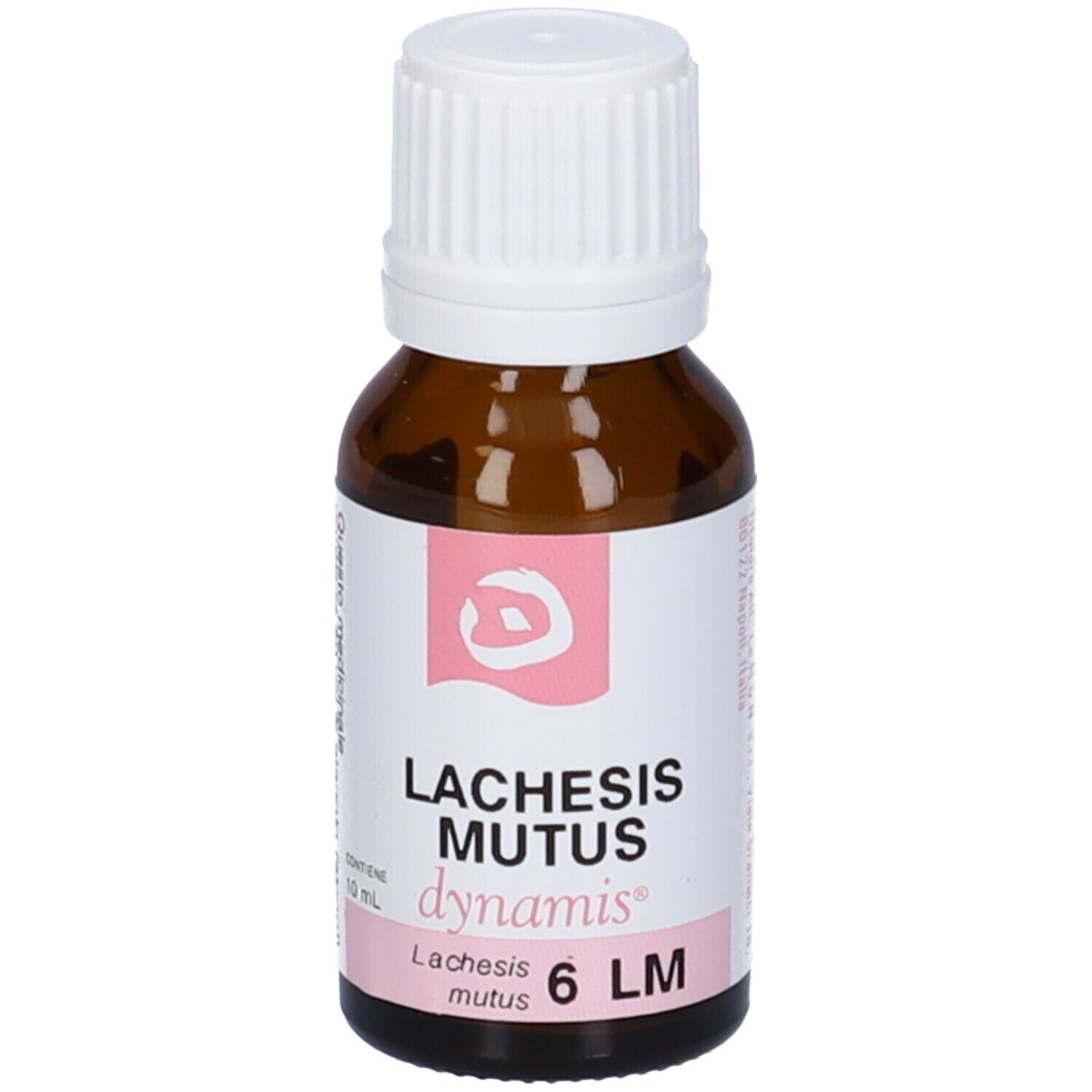 Flacone in vetro marrone con tappo bianco. Etichetta: Lachesis Mutus 6 LM dynamis.