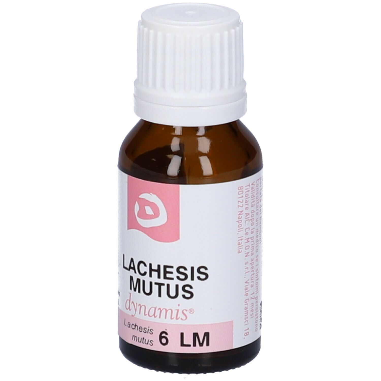 Flacone in vetro marrone con tappo bianco. Etichetta: Lachesis Mutus 6 LM dynamis.