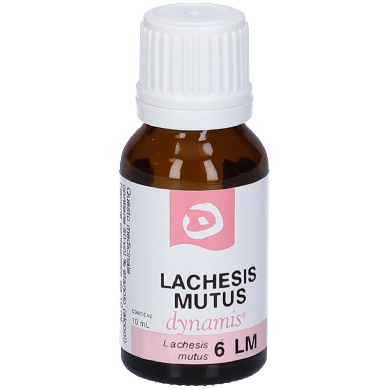Flacone in vetro marrone con tappo bianco. Etichetta: Lachesis Mutus 6 LM dynamis.