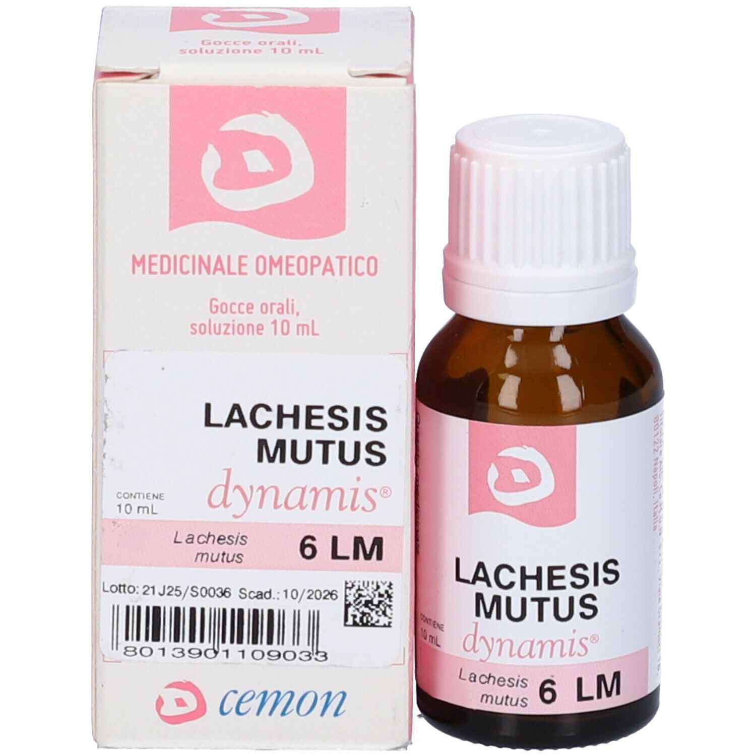 Flacone in vetro marrone e scatola. Scritta: Lachesis Mutus 6 LM dynamis. Confezione da 10 ml.