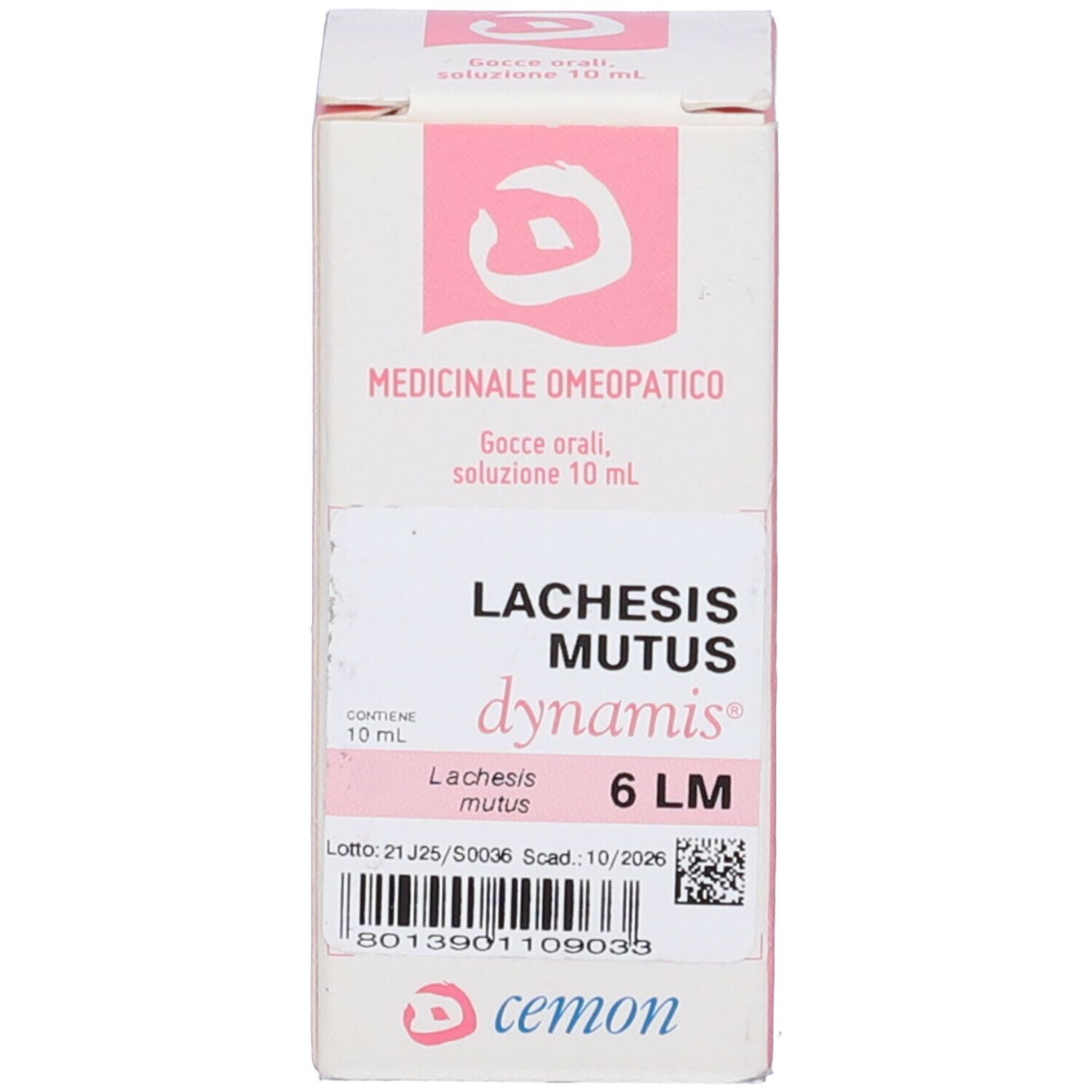 Scatola con scritta: Lachesis Mutus 6 LM dynamis. Confezione da 10 ml.