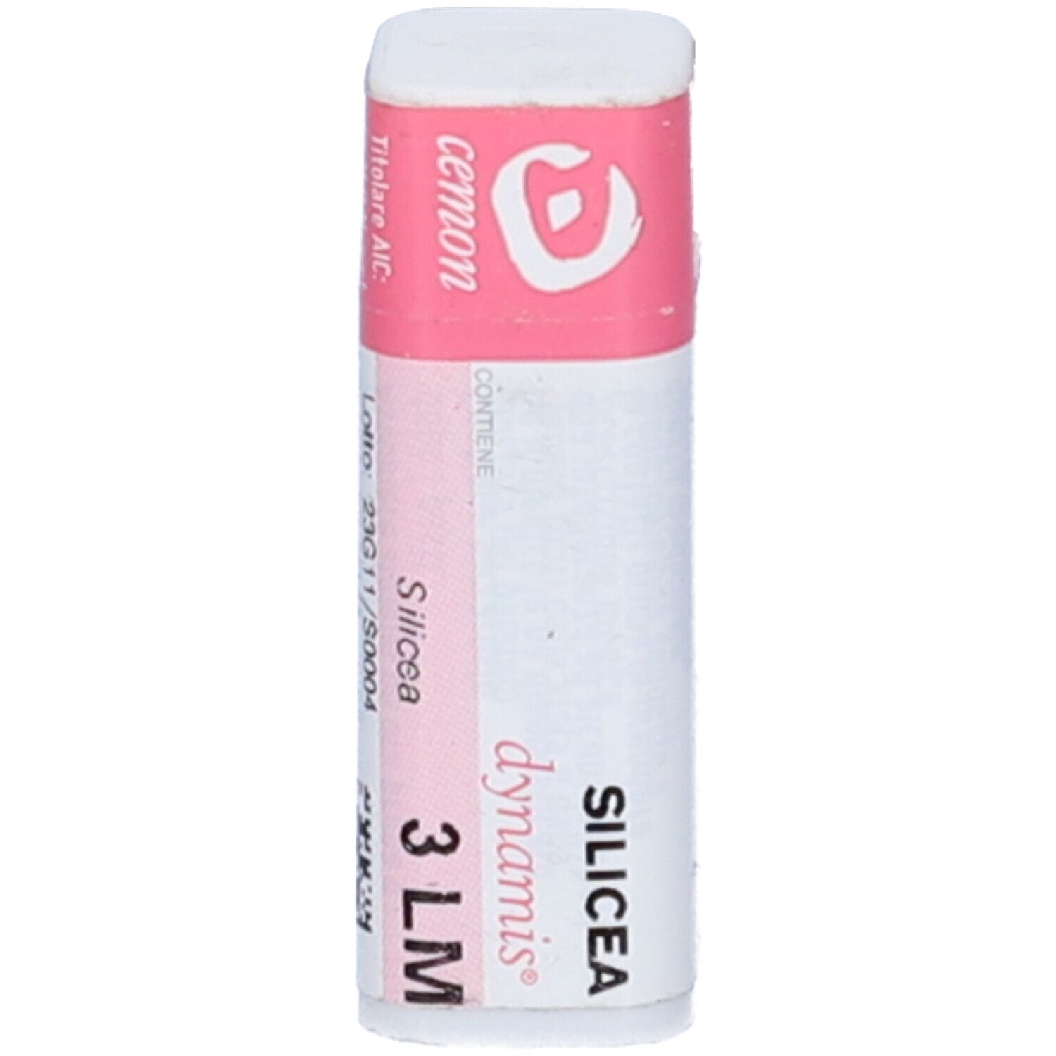 Confezione cilindrica con etichetta rosa. Scritta: Silicea 3 LM, dynamis, cemon.