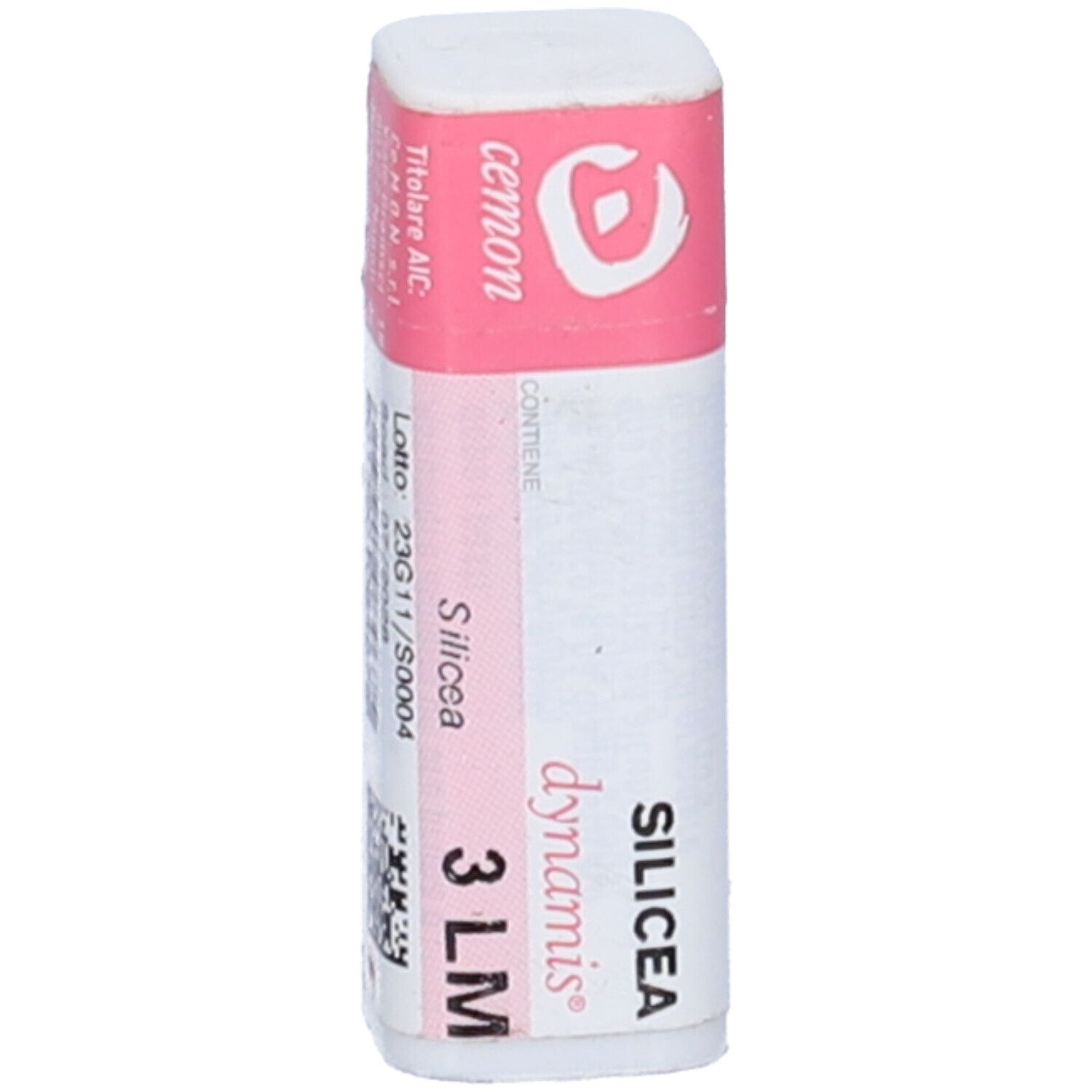Confezione cilindrica con etichetta rosa. Scritta: Silicea 3 LM, dynamis, cemon.