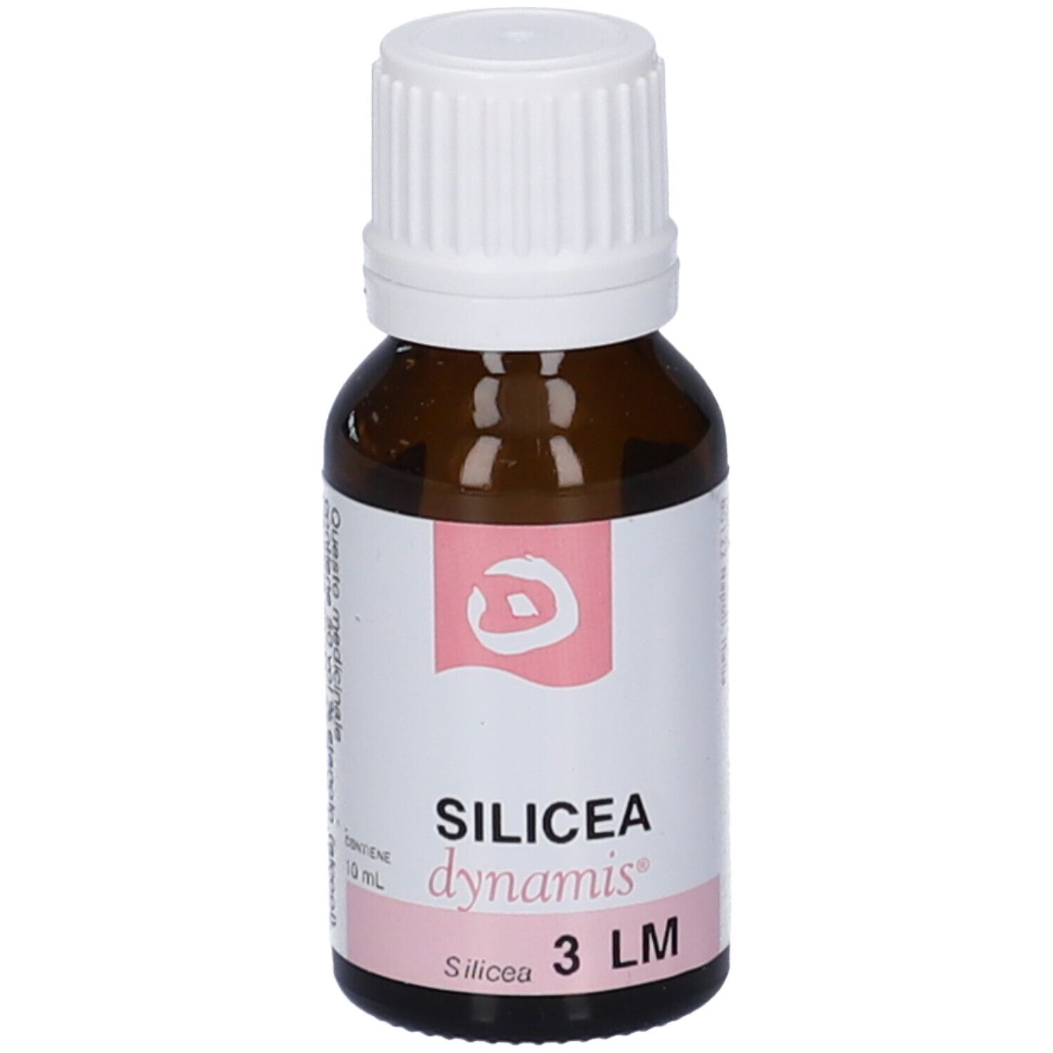Flacone in vetro marrone con tappo bianco. Scritta: Silicea dynamis 3 LM.