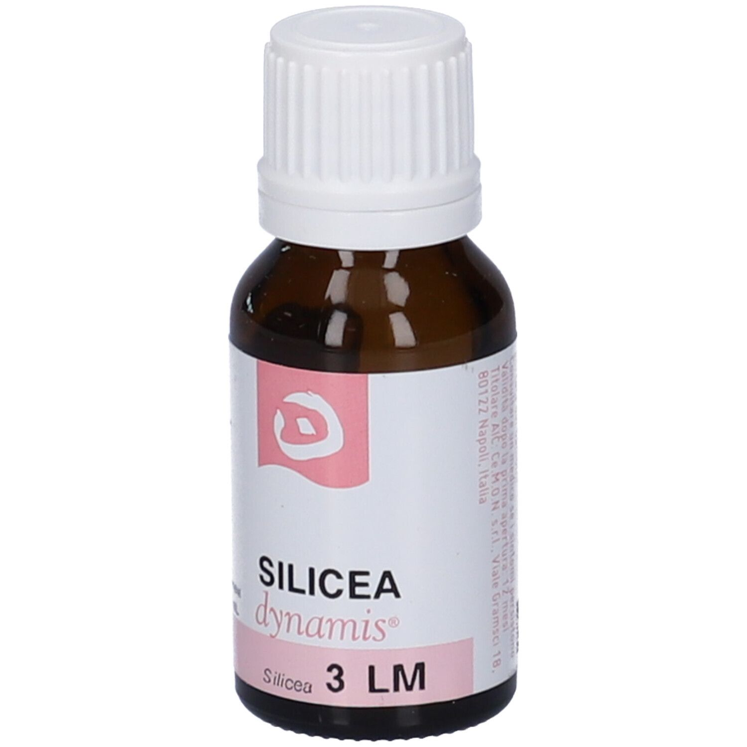 Flacone in vetro marrone con tappo bianco. Scritta: Silicea dynamis 3 LM, 10 ml.