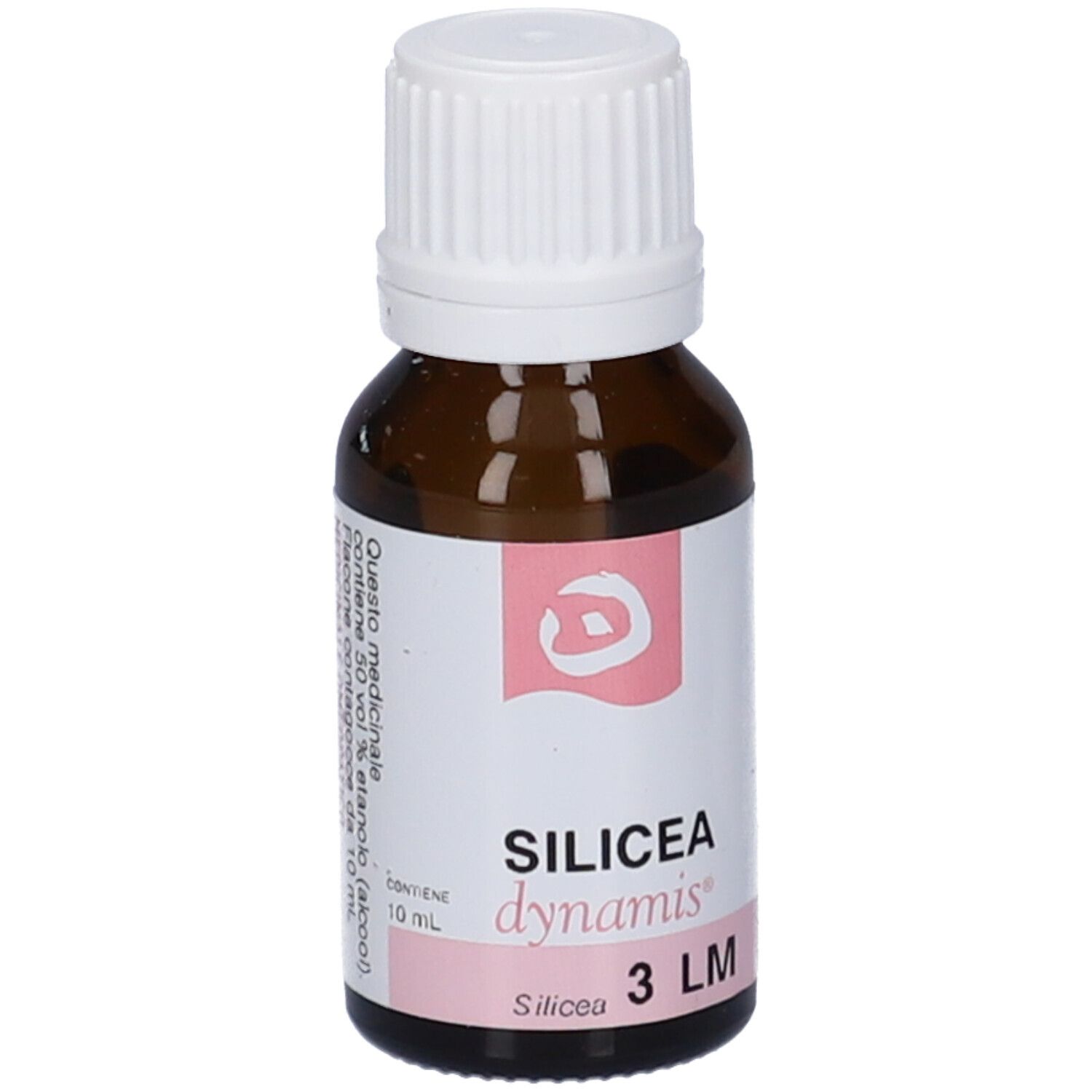 Flacone in vetro marrone con tappo bianco. Scritta: Silicea dynamis 3 LM, 10 ml.