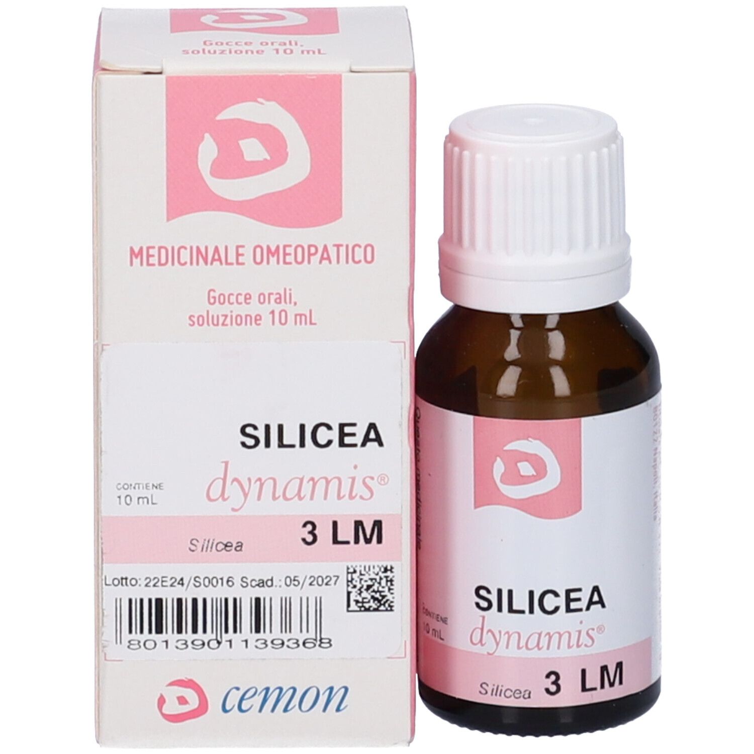 Flacone in vetro marrone e scatola. Scritta: Silicea dynamis 3 LM, 10 ml, cemon.