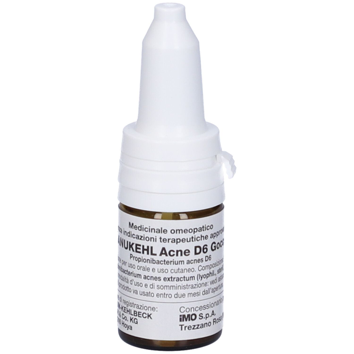 Flacone di vetro marrone con tappo bianco. Scritta: Sanukehl Acne D6 Gocce. Uso medico.