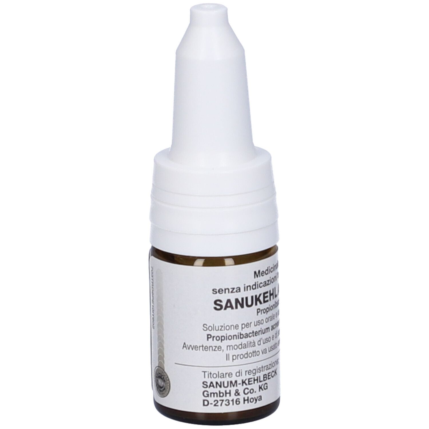 Flacone di vetro marrone con tappo bianco. Scritta: Sanukehl. Uso medico.