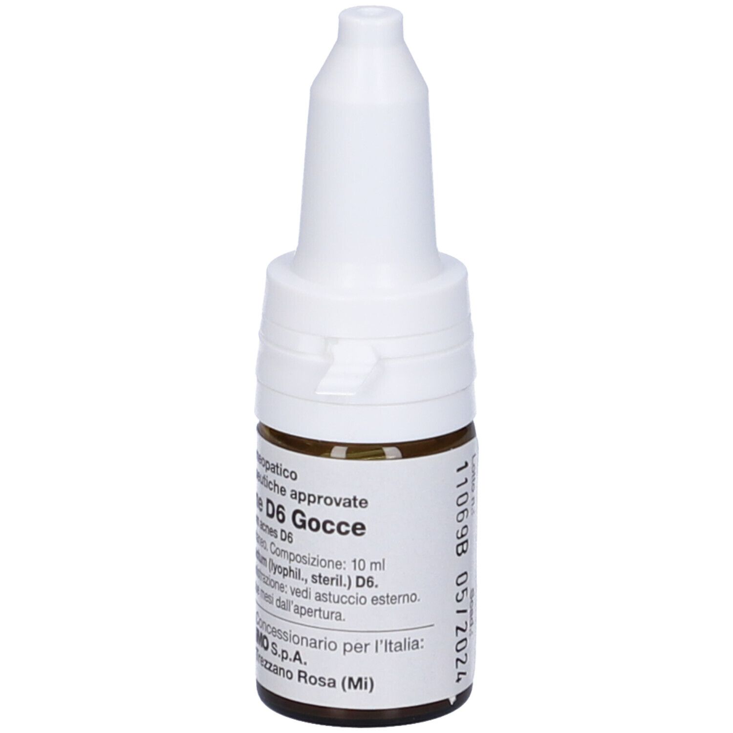 Flacone di vetro marrone con tappo bianco. Scritta: Sanukehl Acne D6 Gocce. Uso medico.