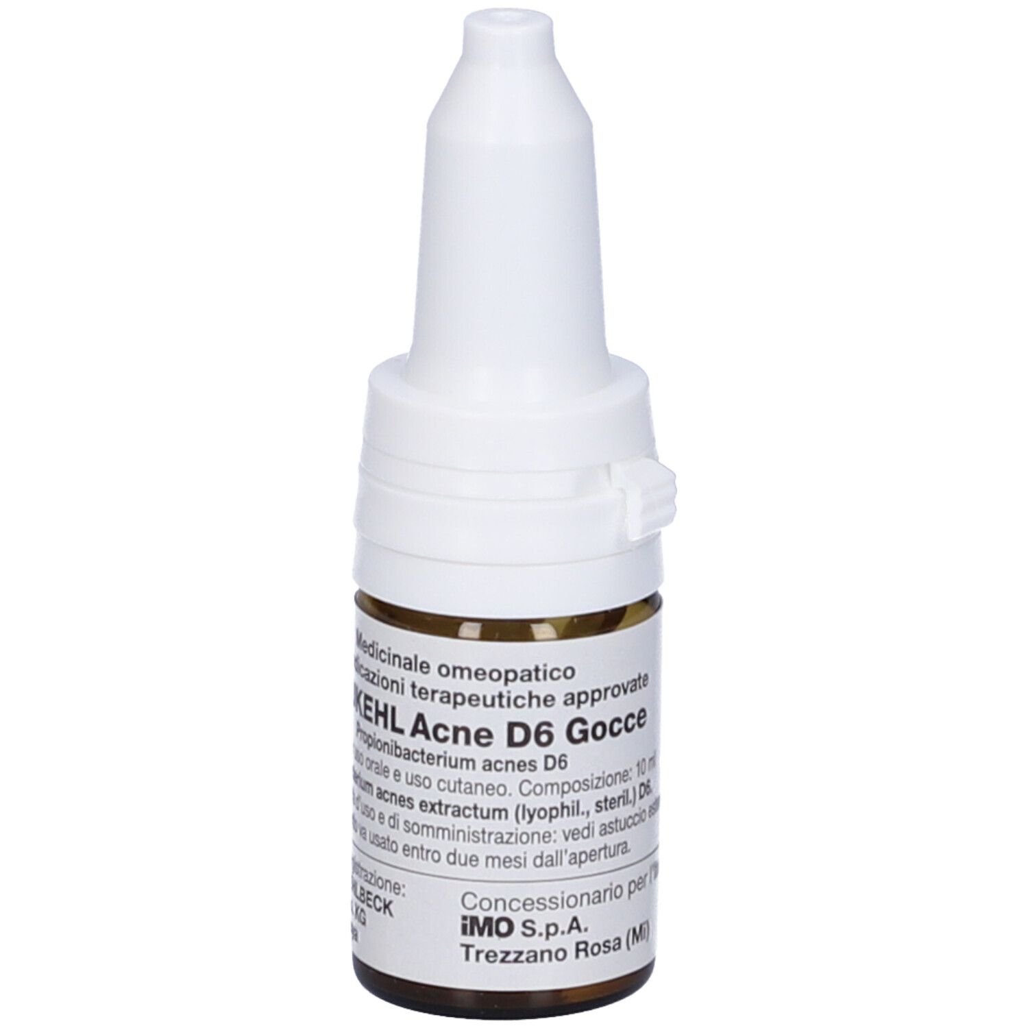 Flacone di vetro marrone con tappo bianco. Scritta: Sanukehl Acne D6 Gocce. Uso medico.