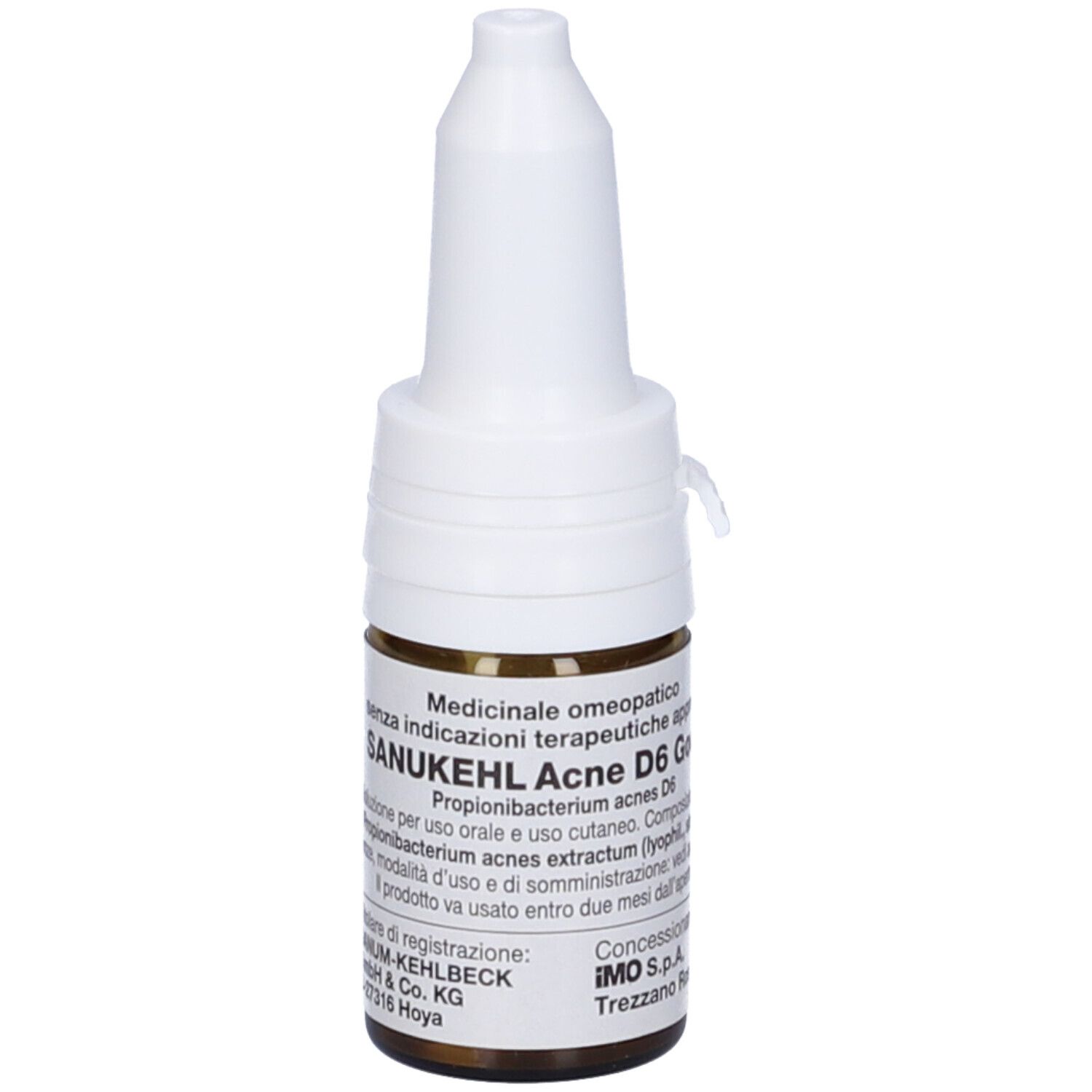 Flacone di vetro marrone con tappo bianco. Scritta: Sanukehl Acne D6 Gocce. Uso medico.
