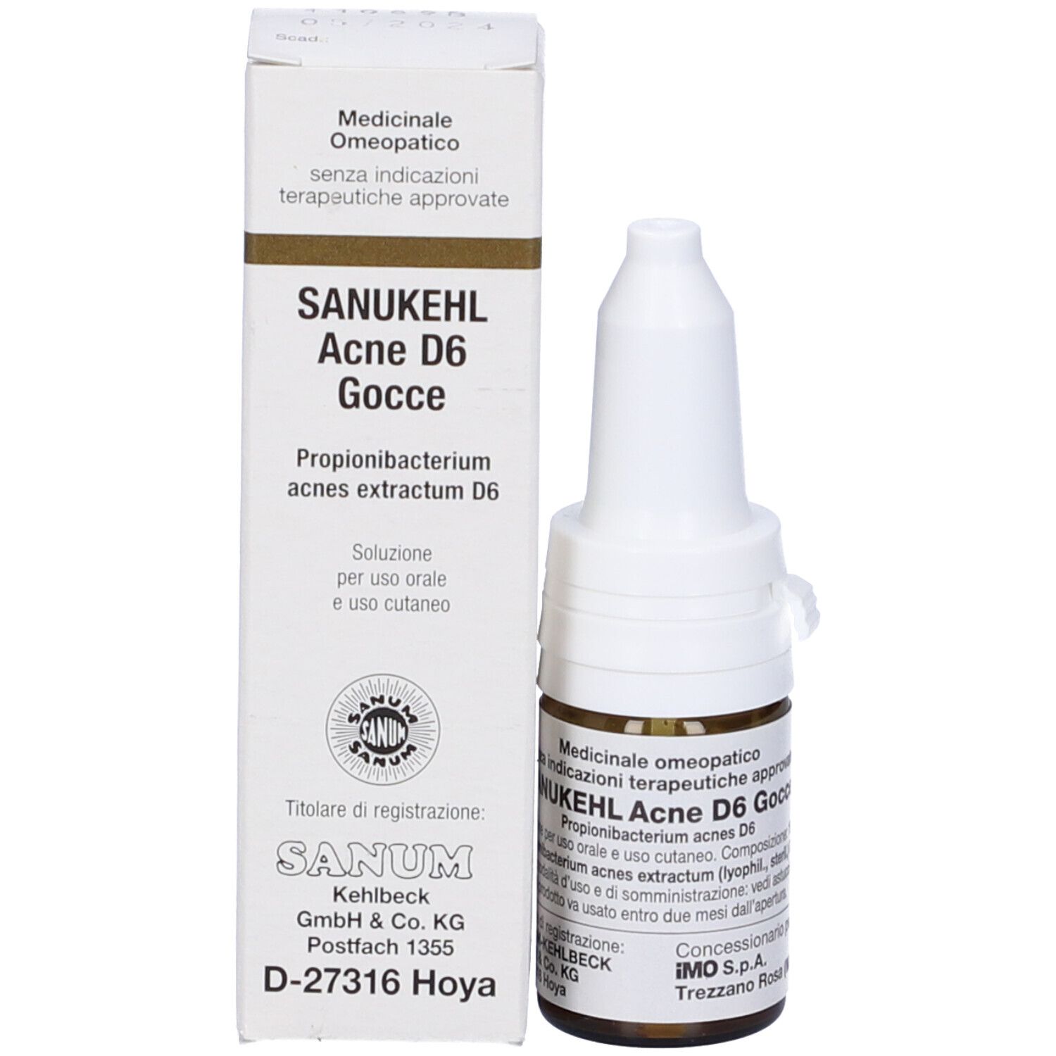 Confezione del prodotto: scatola con flacone. Scritta: Sanukehl Acne D6 Gocce. Uso medico.