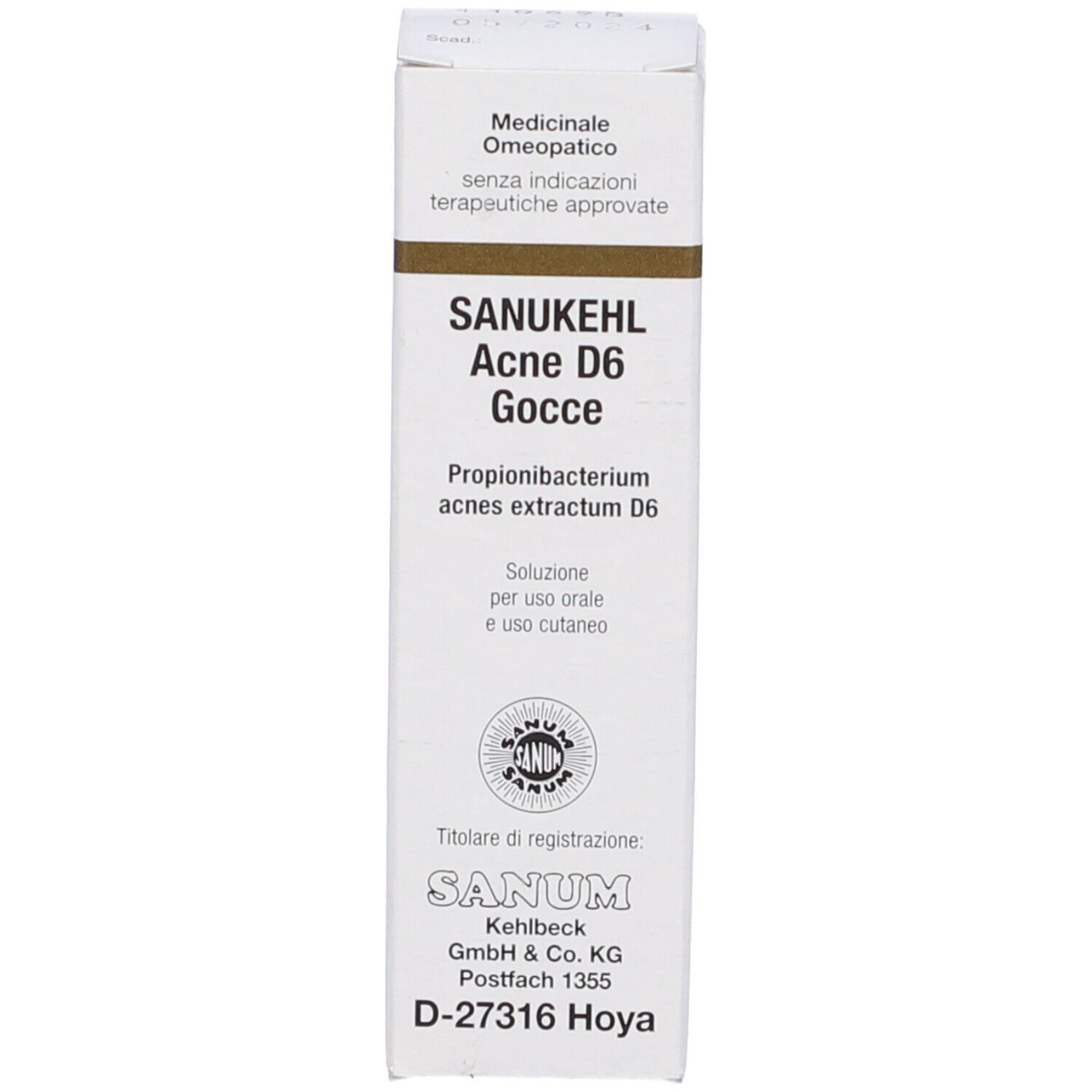 Confezione del prodotto: scatola. Scritta: Sanukehl Acne D6 Gocce. Uso medico.