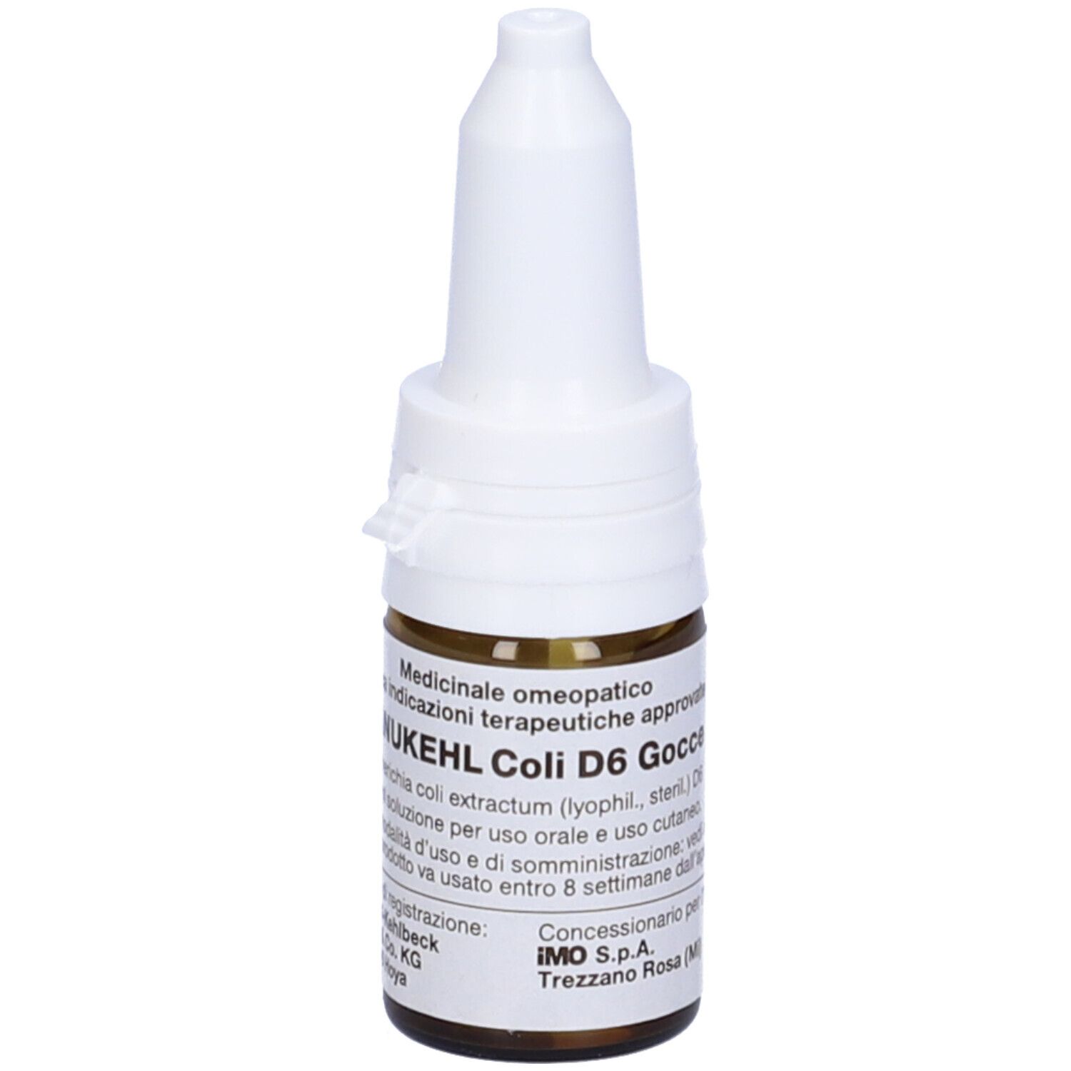 Flacone di vetro marrone con tappo bianco. Scritta: Sanukehl Coli D6 Gocce. Flacone contagocce.