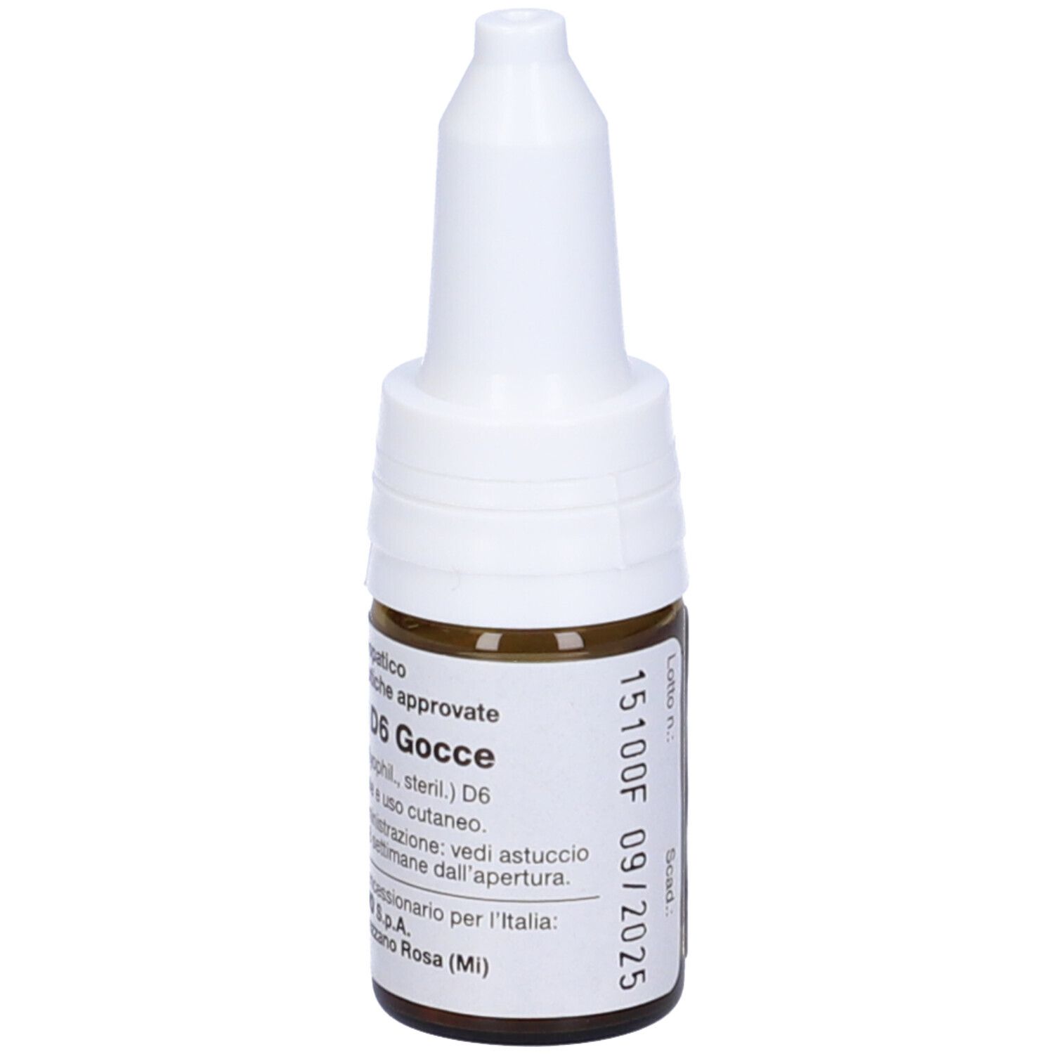 Flacone di vetro marrone con tappo bianco. Scritta: Sanukehl Coli D6 Gocce. Flacone contagocce.