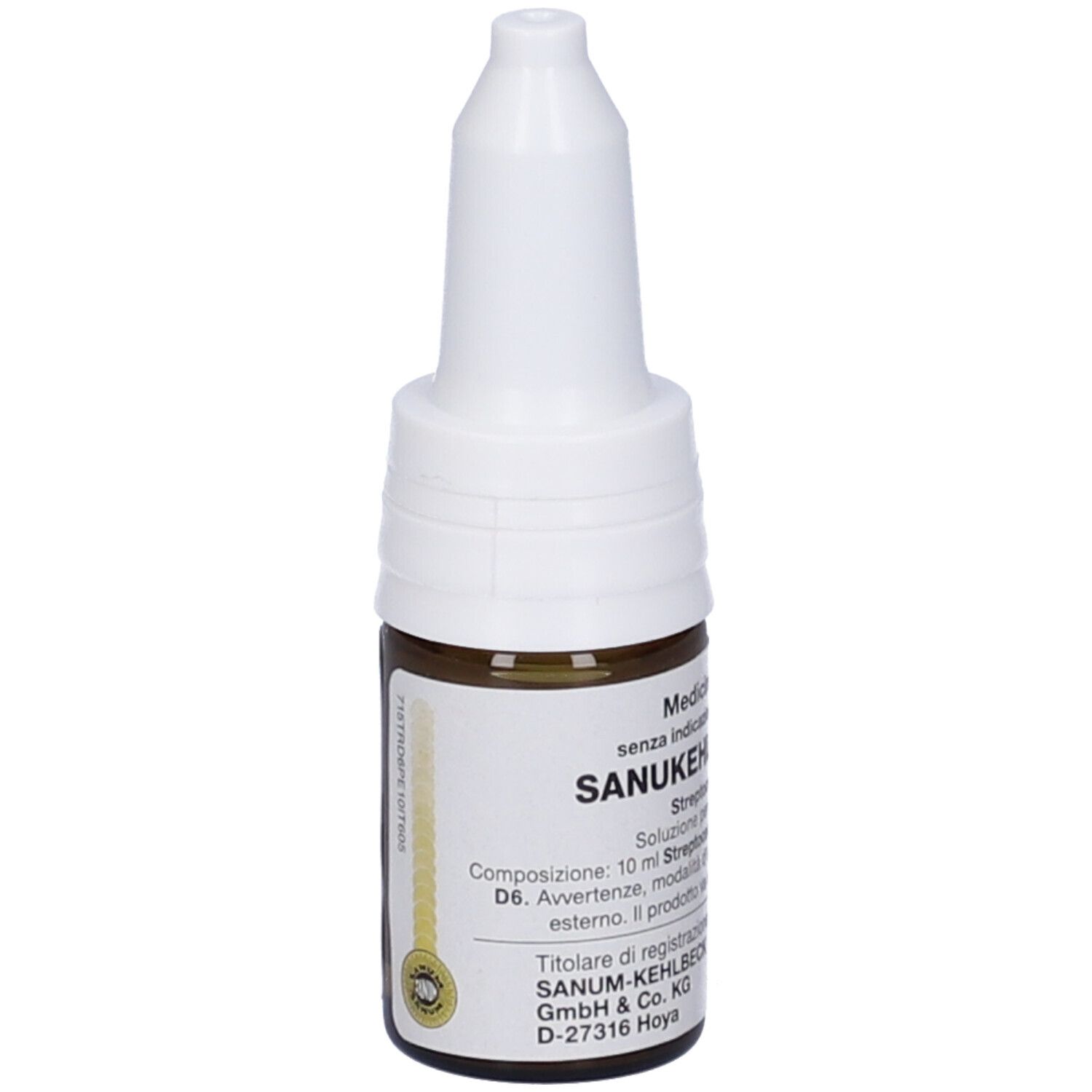 Flacone contagocce marrone con tappo bianco. Scritta: Sanukehl Strep D6 Gocce.