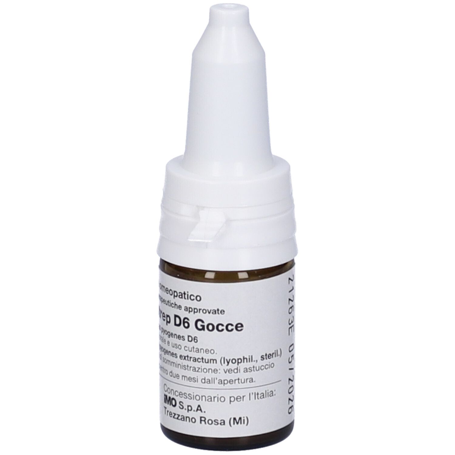 Flacone contagocce marrone con tappo bianco. Scritta: Strep D6 Gocce.