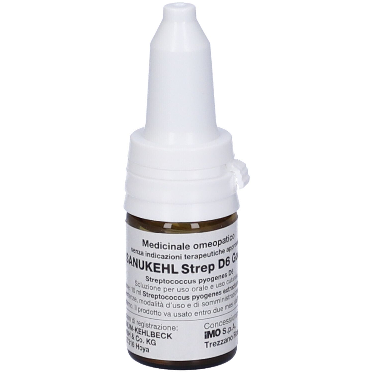 Flacone contagocce marrone con tappo bianco. Scritta: Sanukehl Strep D6 Gocce.