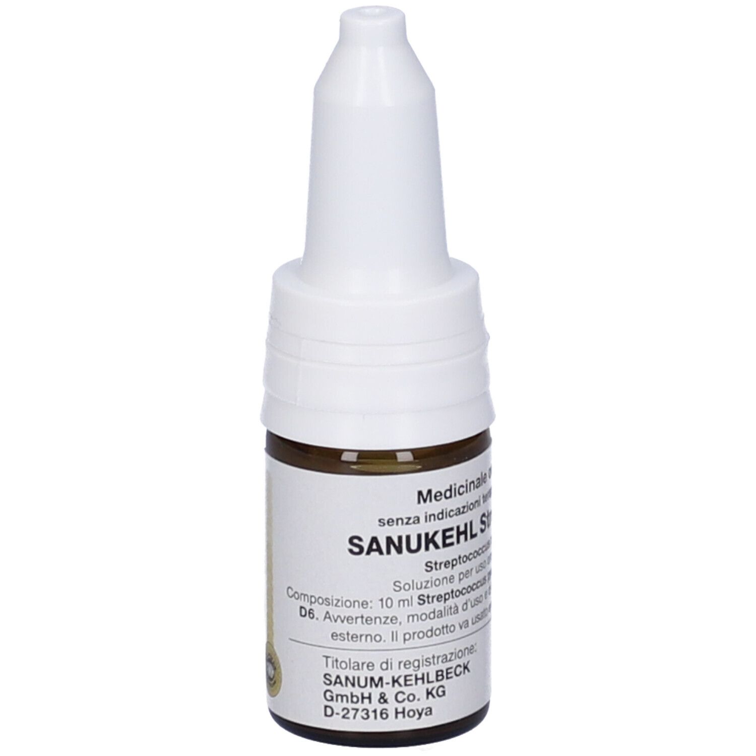 Flacone contagocce marrone con tappo bianco. Scritta: Sanukehl Strep D6 Gocce.