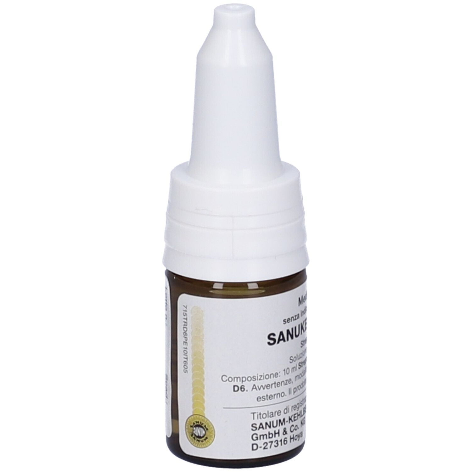 Flacone contagocce marrone con tappo bianco. Scritta: Sanukehl Strep D6 Gocce.