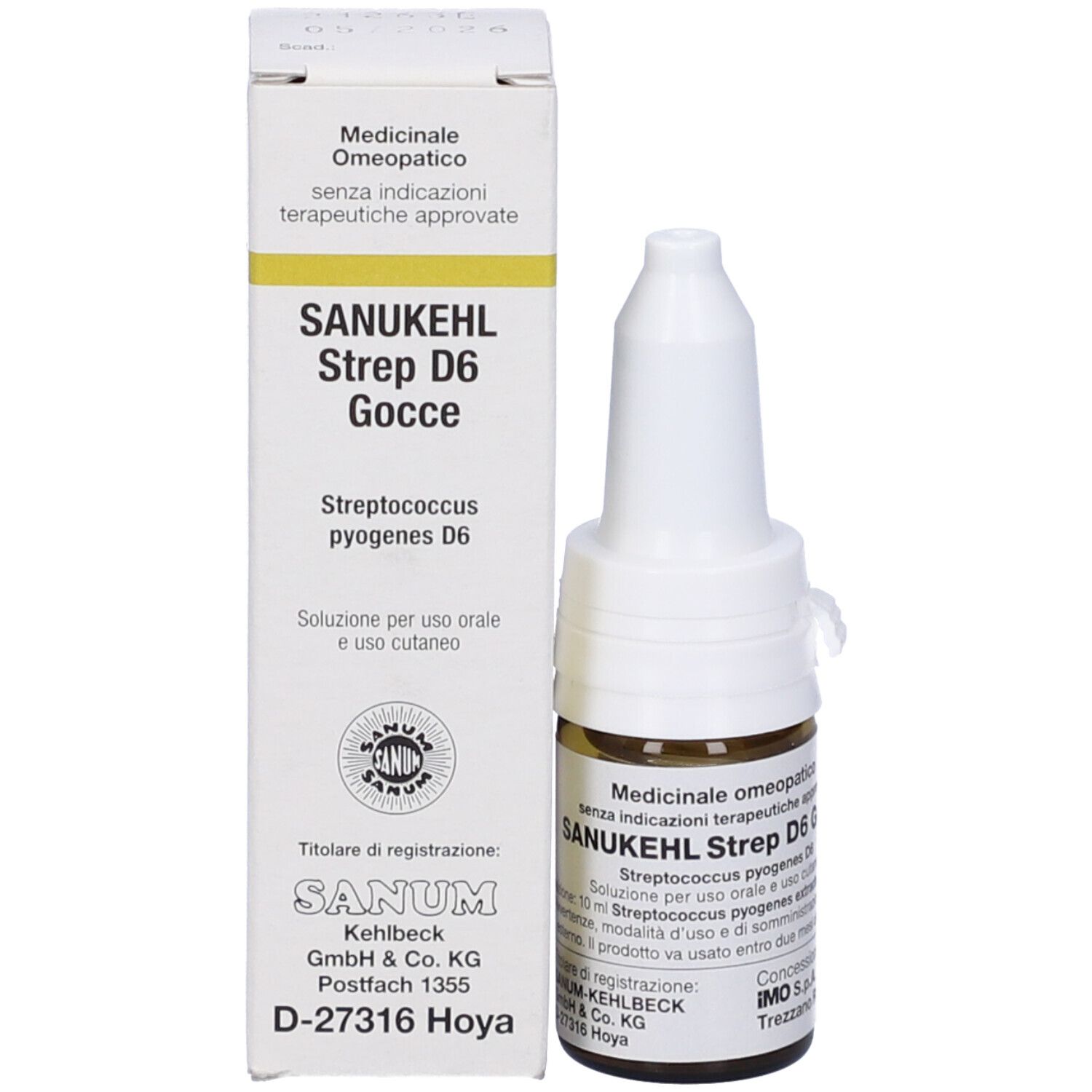 Prodotto con confezione. Flacone contagocce marrone e scatola bianca. Scritta: Sanukehl Strep D6 Gocce.