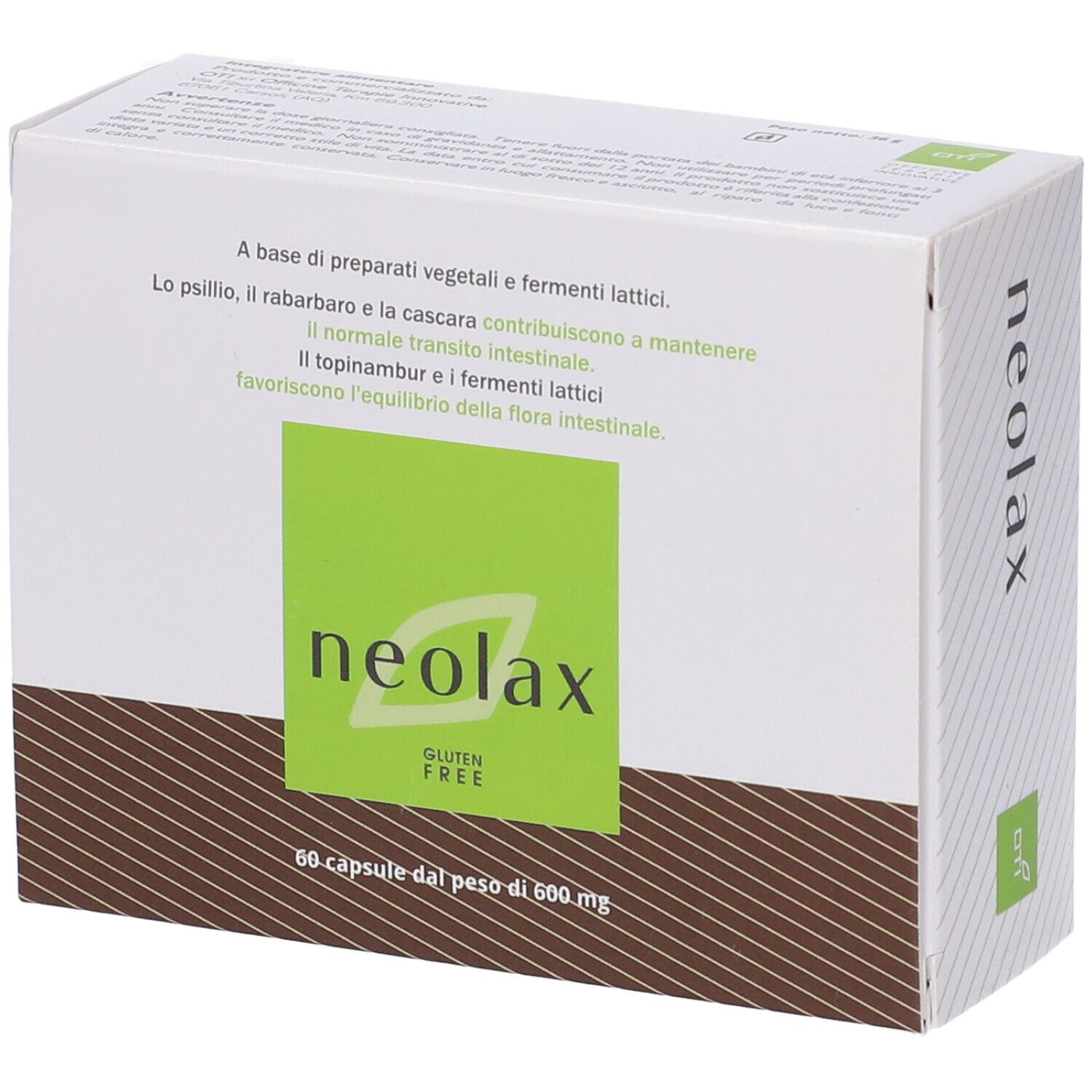 Scatola Neolax 60 capsule. Design verde-bianco, nome prodotto, senza glutine.