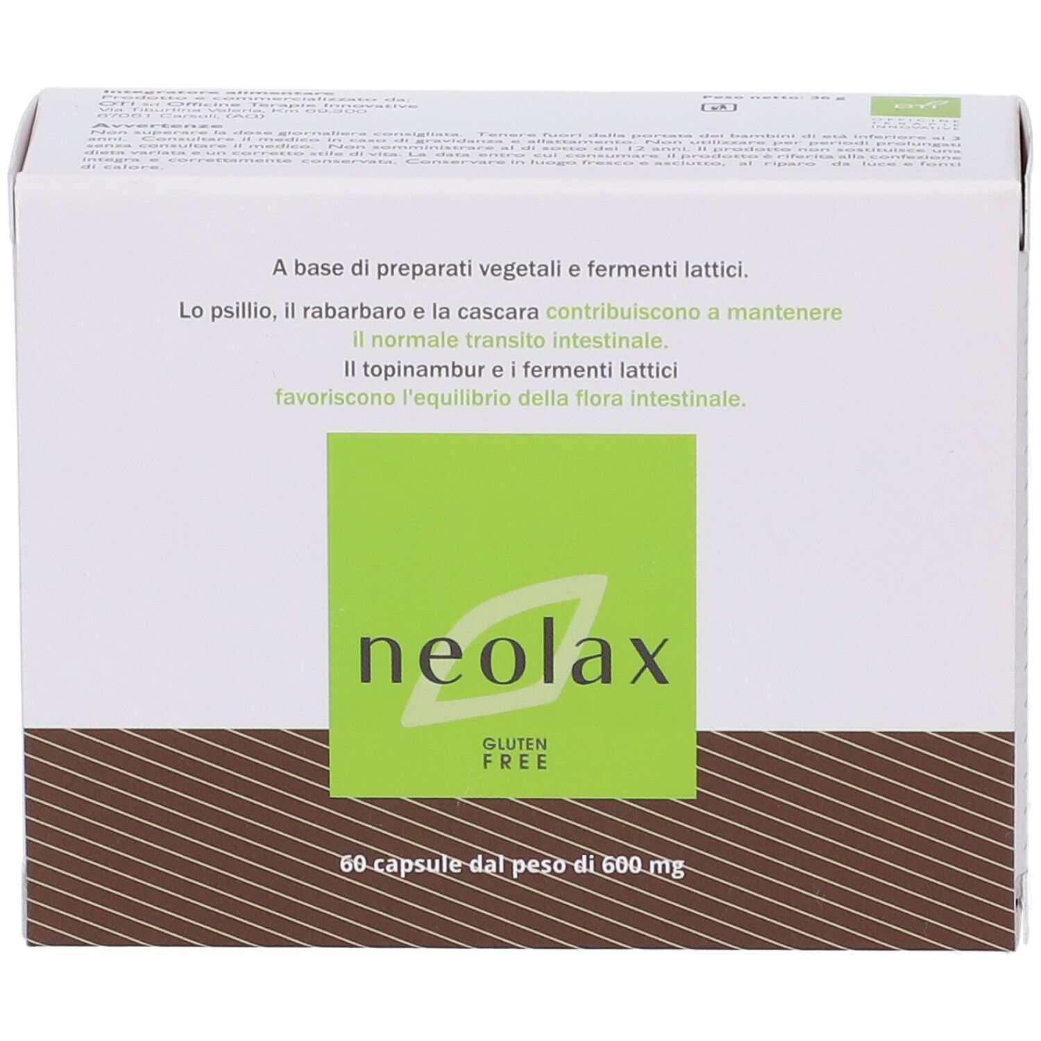 Scatola Neolax 60 capsule. Design verde-bianco, nome prodotto, senza glutine.